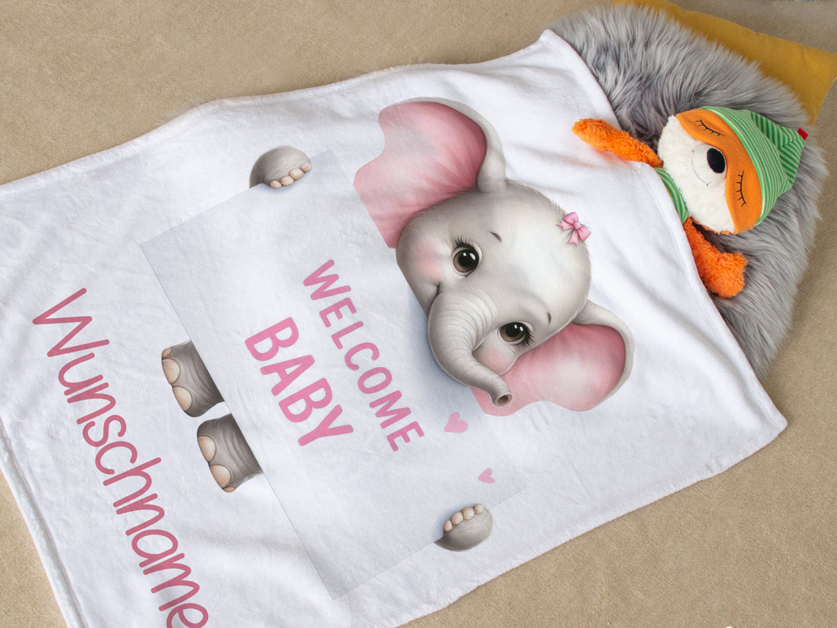 Babydecke mit Elefant, rosa und personalisierbarem Text.