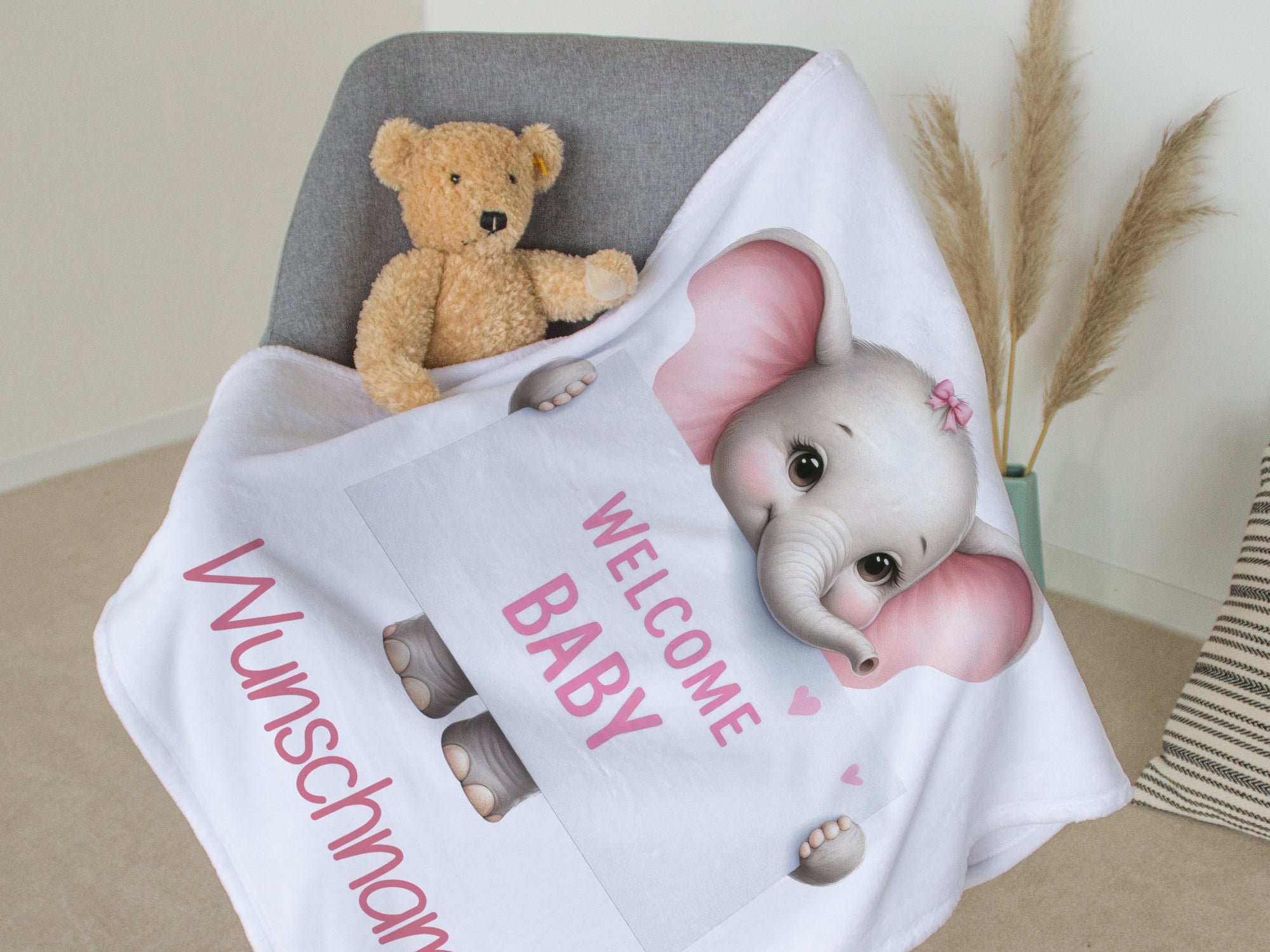 Babydecke mit Elefant, rosa und personalisierbarem Text.