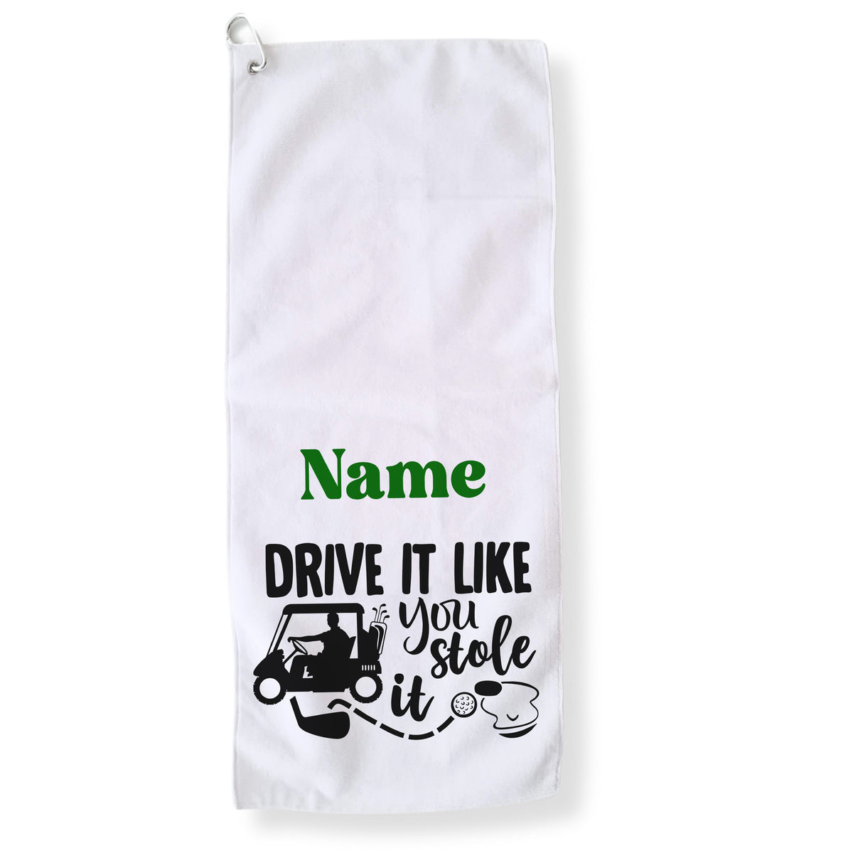 Weißes Handtuch mit schwarzem und grünem Text, Golfmotiv.