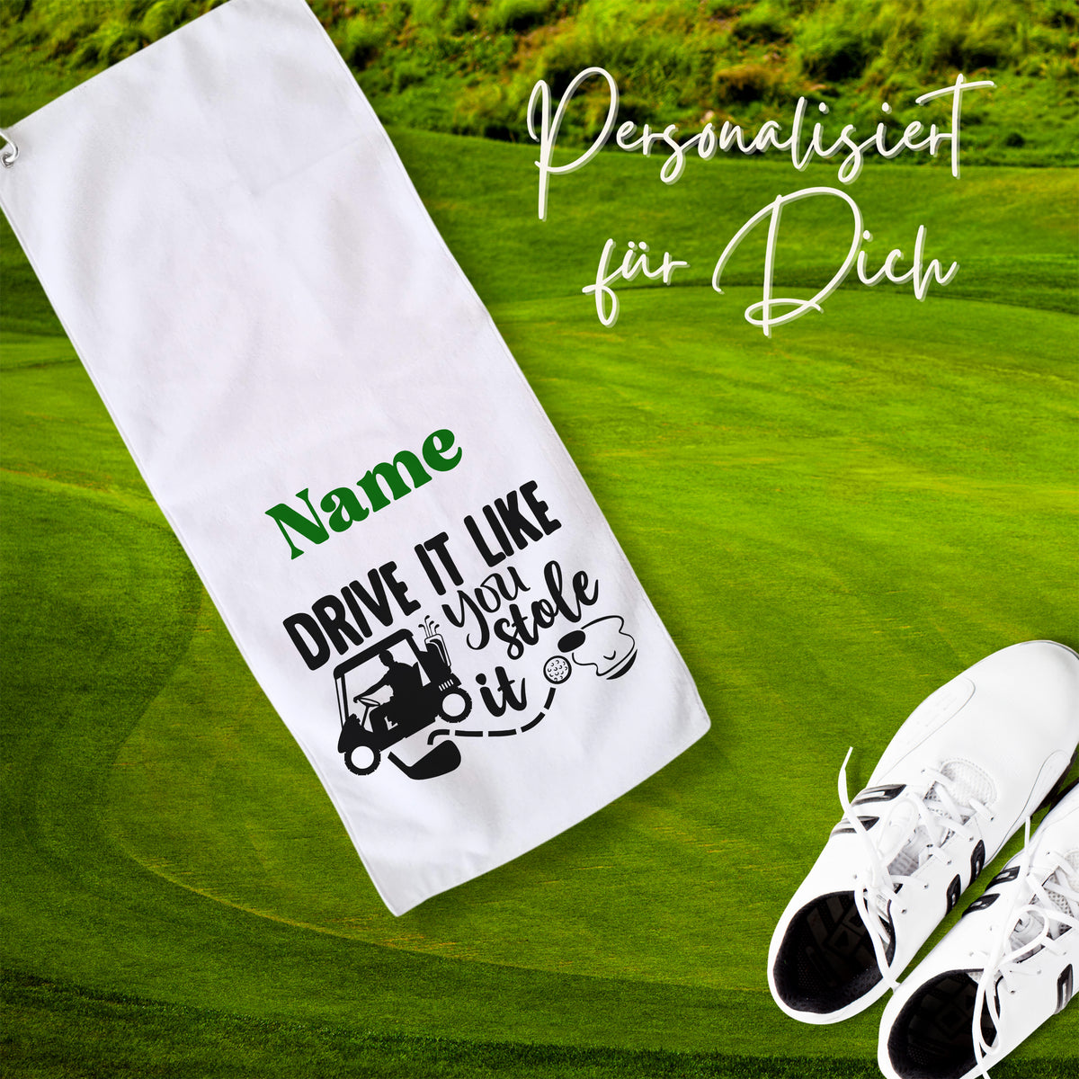 Personalisierte Golftasche mit schwarzem und grünem Druck.