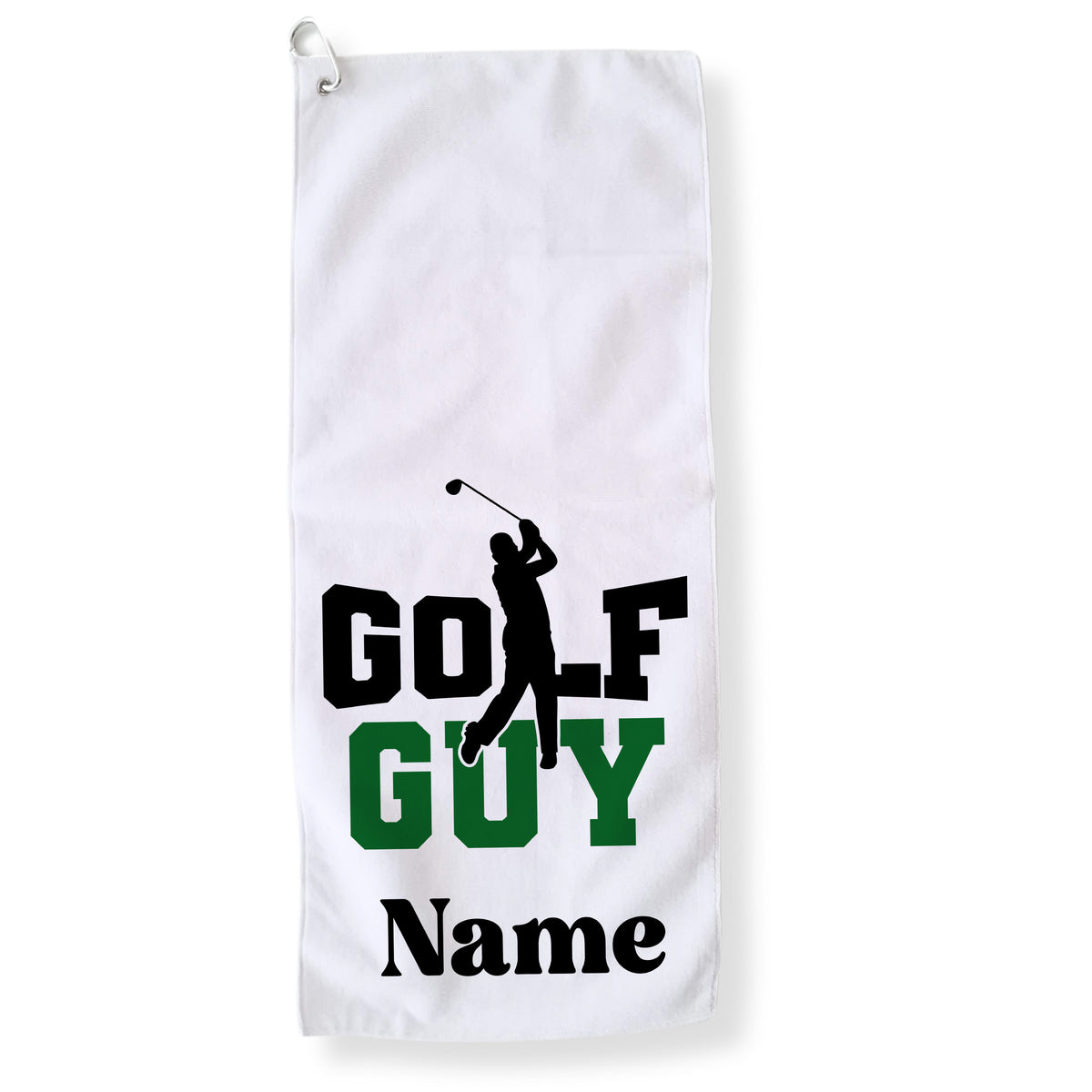 Weißes Golfhandtuch mit schwarzer und grüner Schrift.