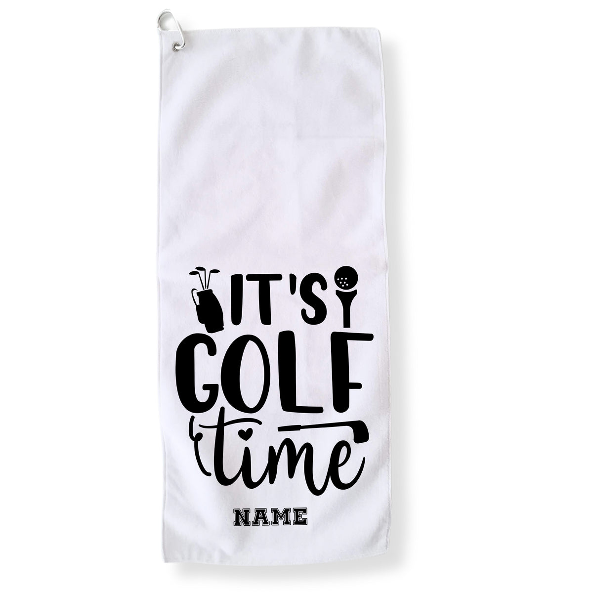 Weißes Golfhandtuch mit schwarzem Aufdruck "It's Golf Time".