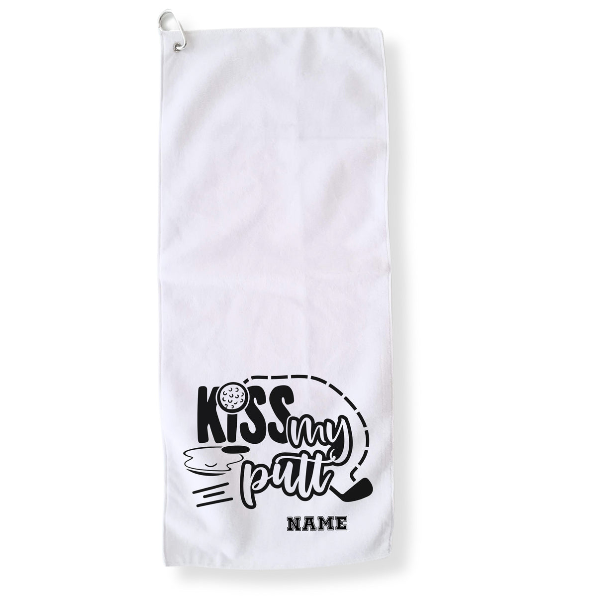 Weißes Golfhandtuch mit schwarzem Aufdruck "KISS my PUTT".