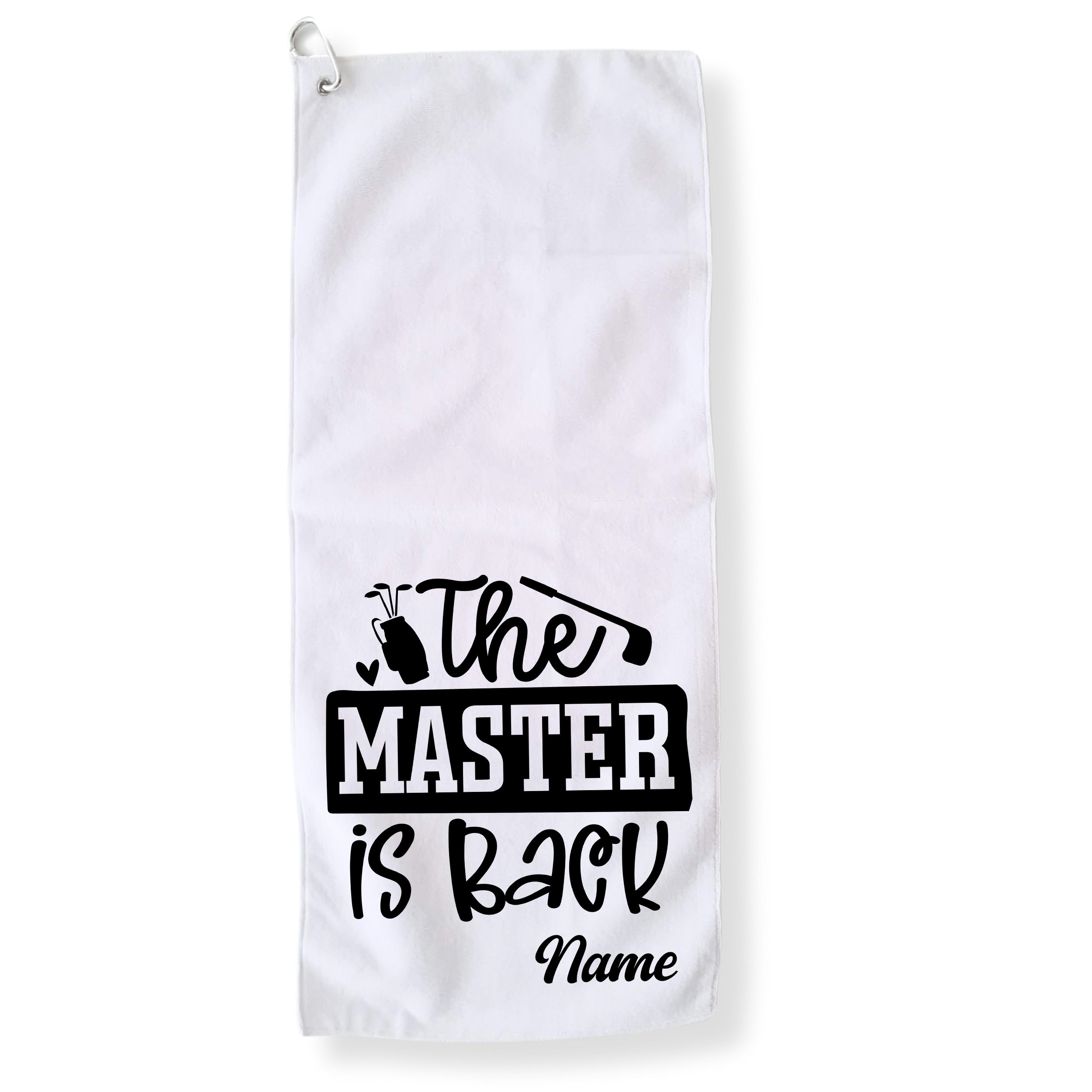 Weißes Golfhandtuch mit schwarzem Aufdruck "The MASTER is BACK".