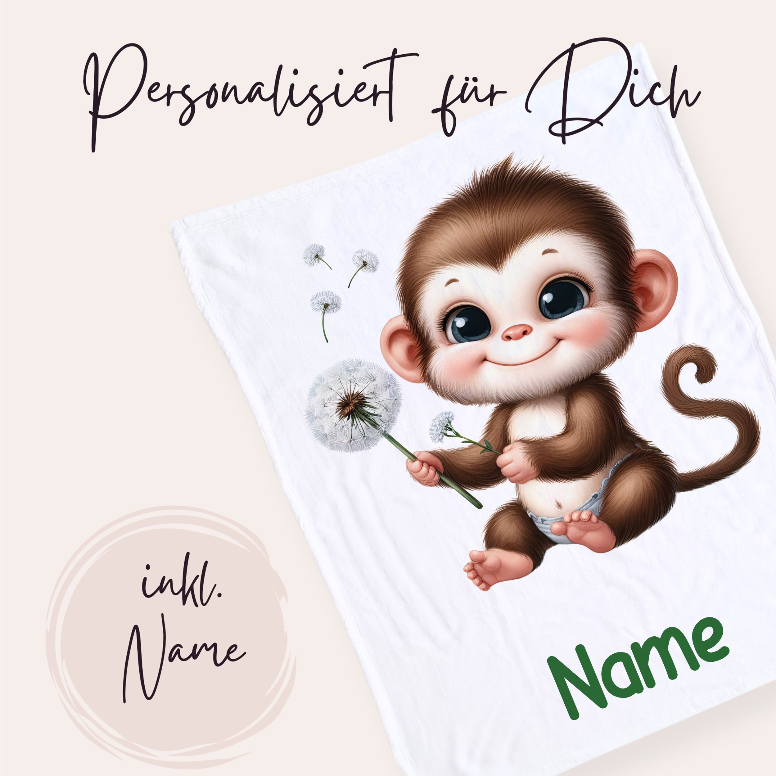 Personalisierte Decke mit niedlichem Affenmotiv und Namen.