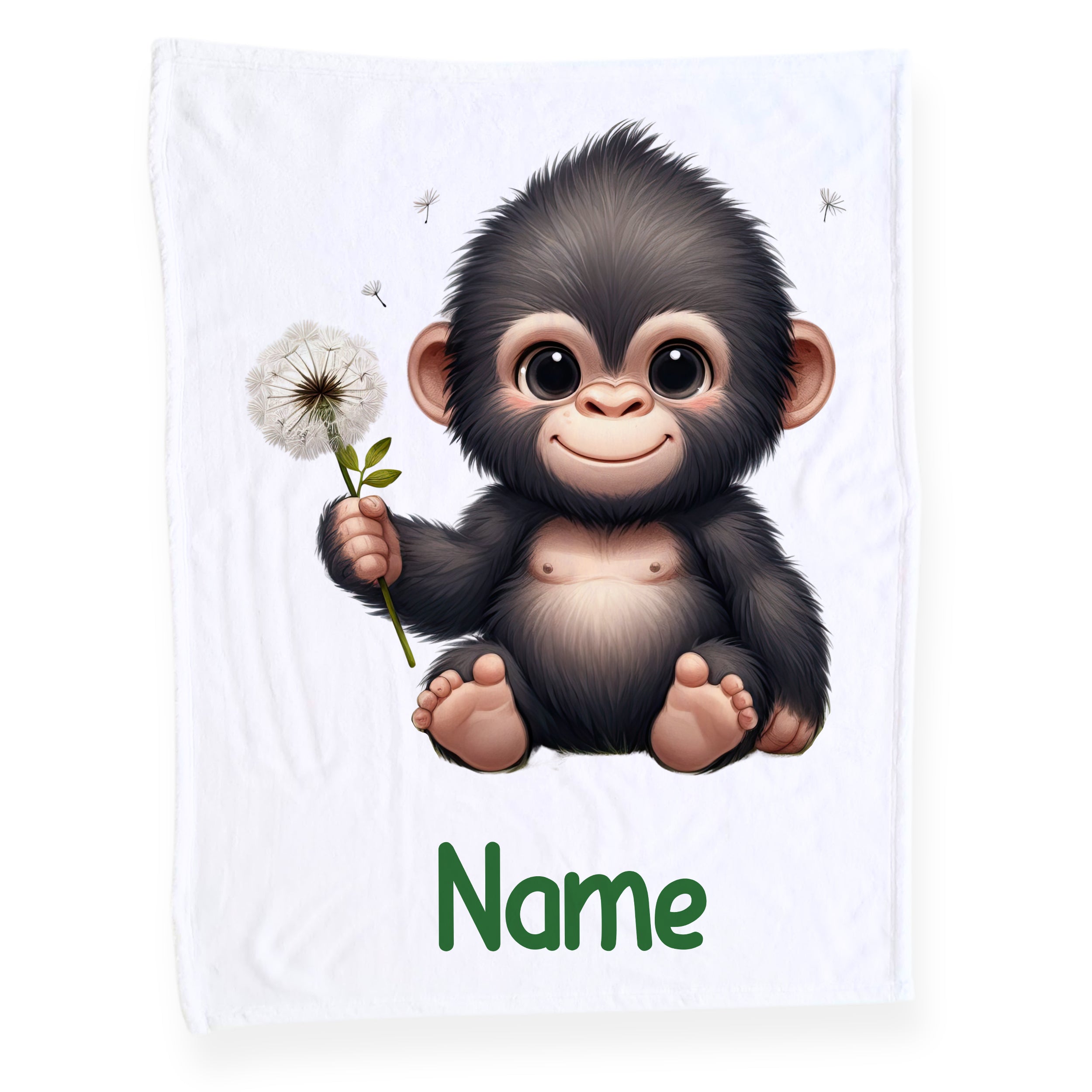 Kuscheldecke mit süßem Gorilla und Pusteblume, personalisierbar.