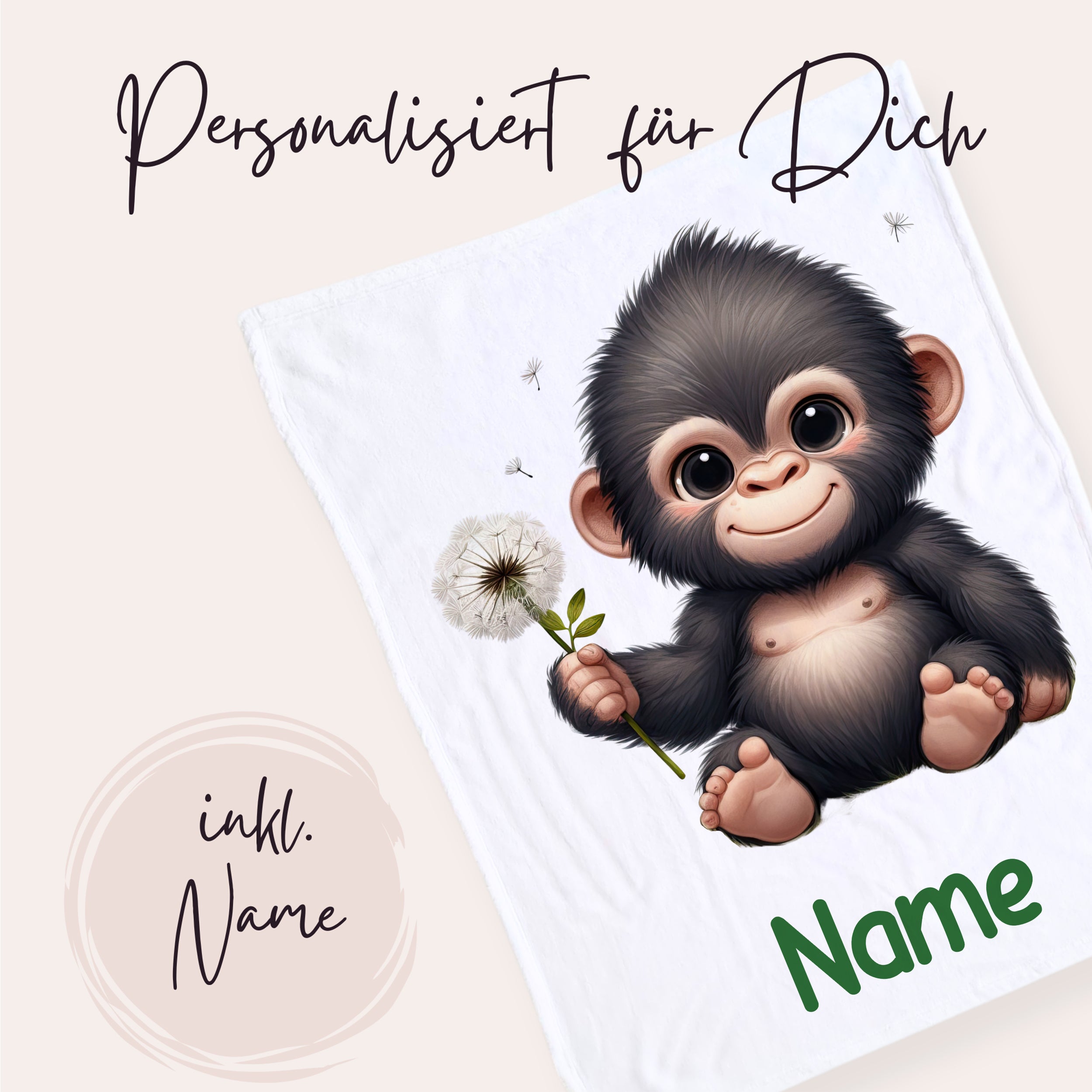 Personalisierte Decke mit niedlichem Affenmotiv und Name.