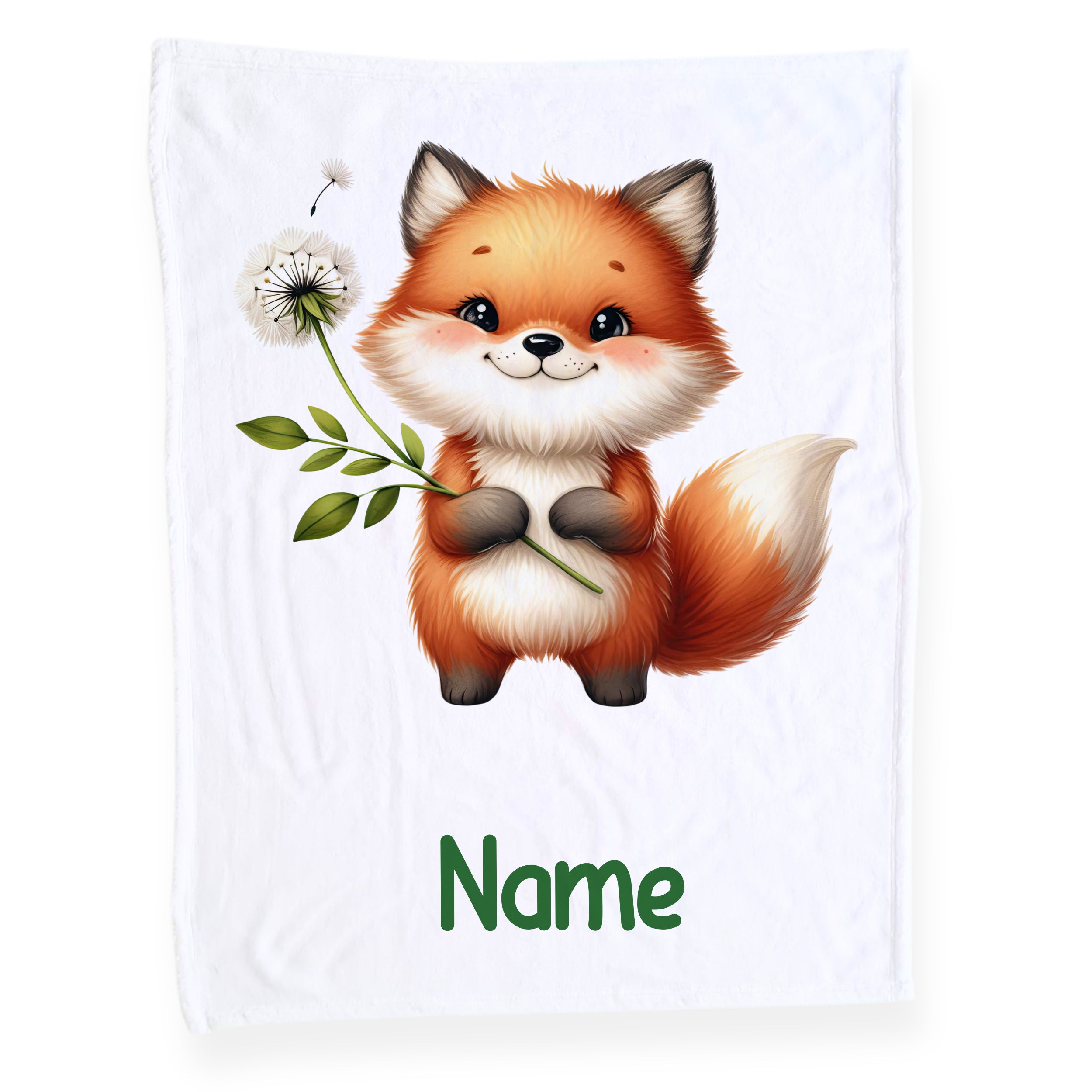 Flauschige orangefarbene Fuchsdecke mit Blumenmotiv und Name.