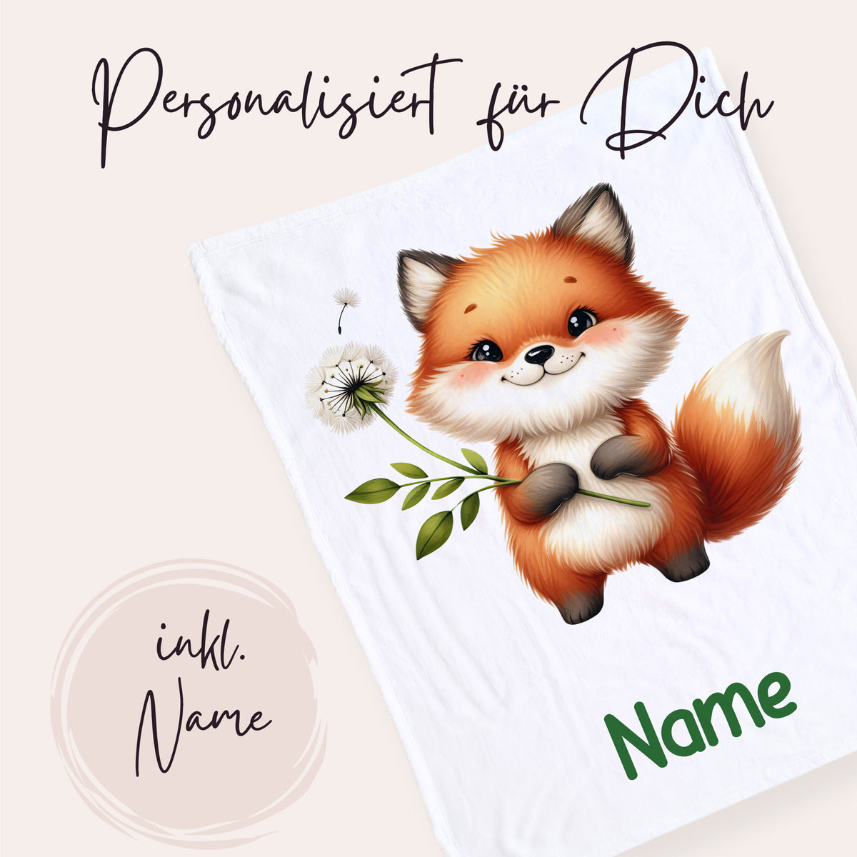 Personalisierte Decke mit niedlichem Fuchs und Name.