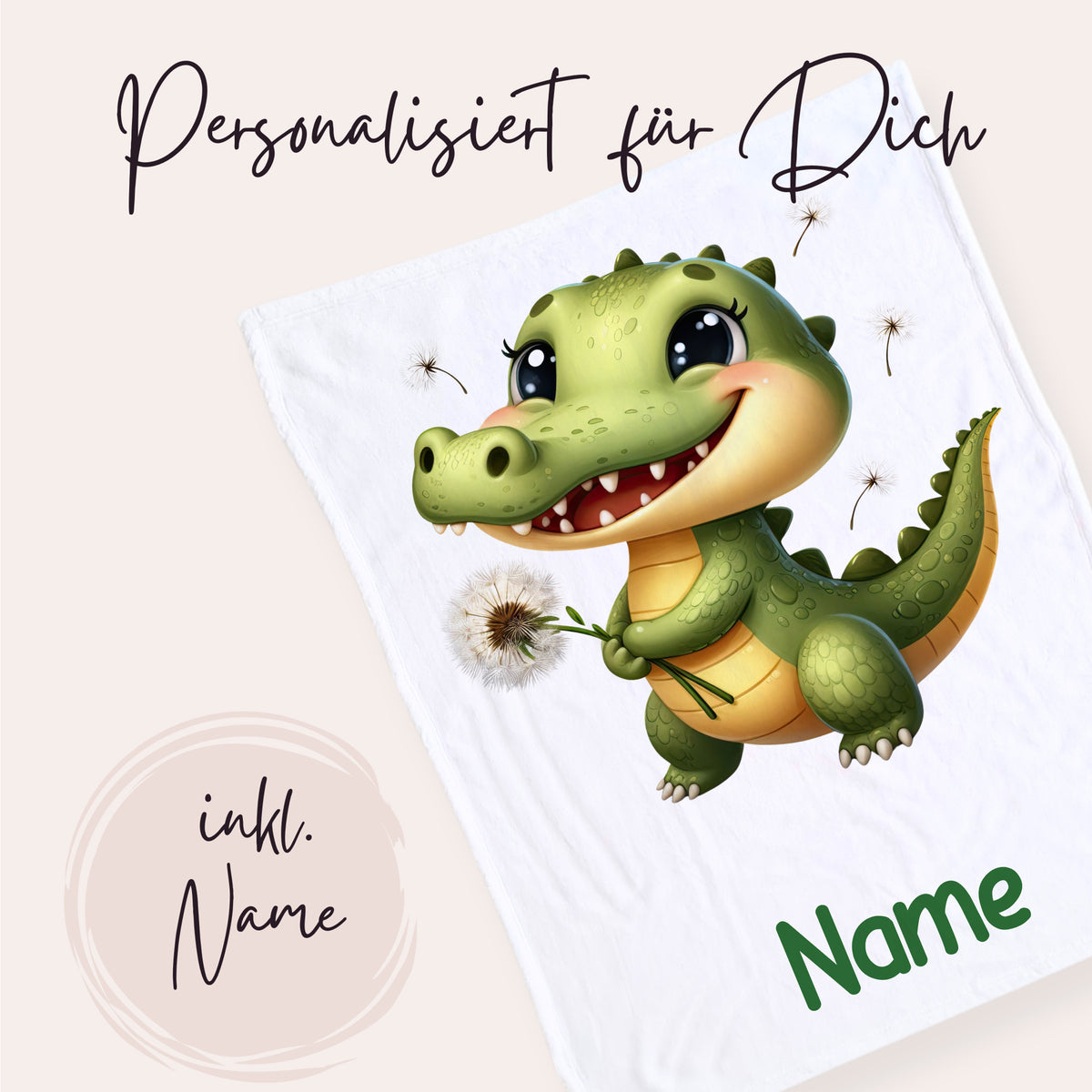 Personalisierbares Handtuch mit grünem Dinosaurier-Motiv.