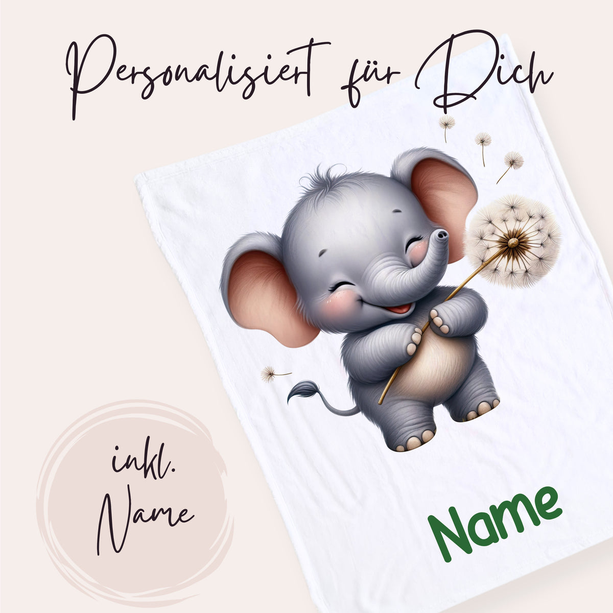 Personalisierte Decke mit grauem Elefanten und Name.