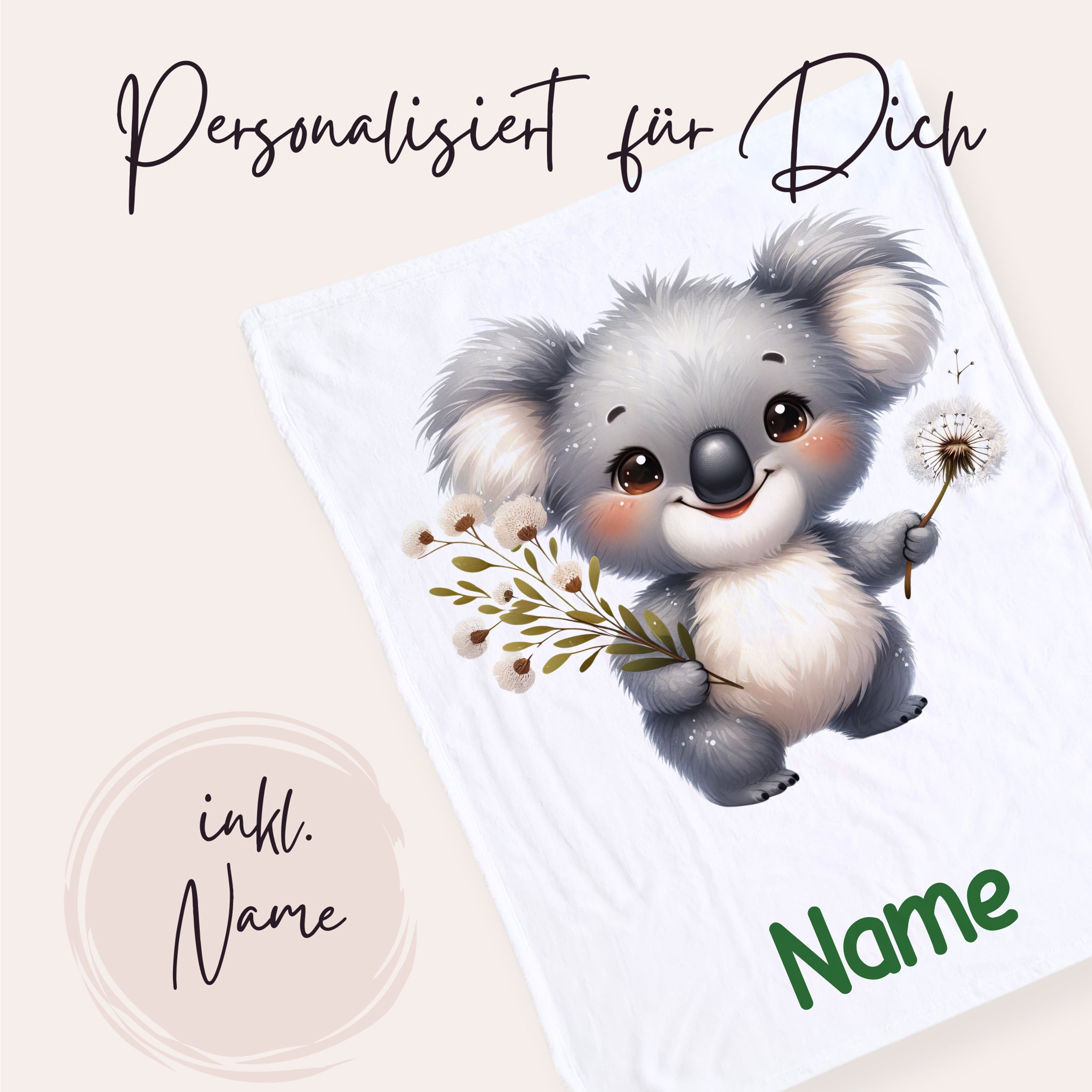 Kuscheldecke mit niedlichem Koala und personalisiertem Namen.
