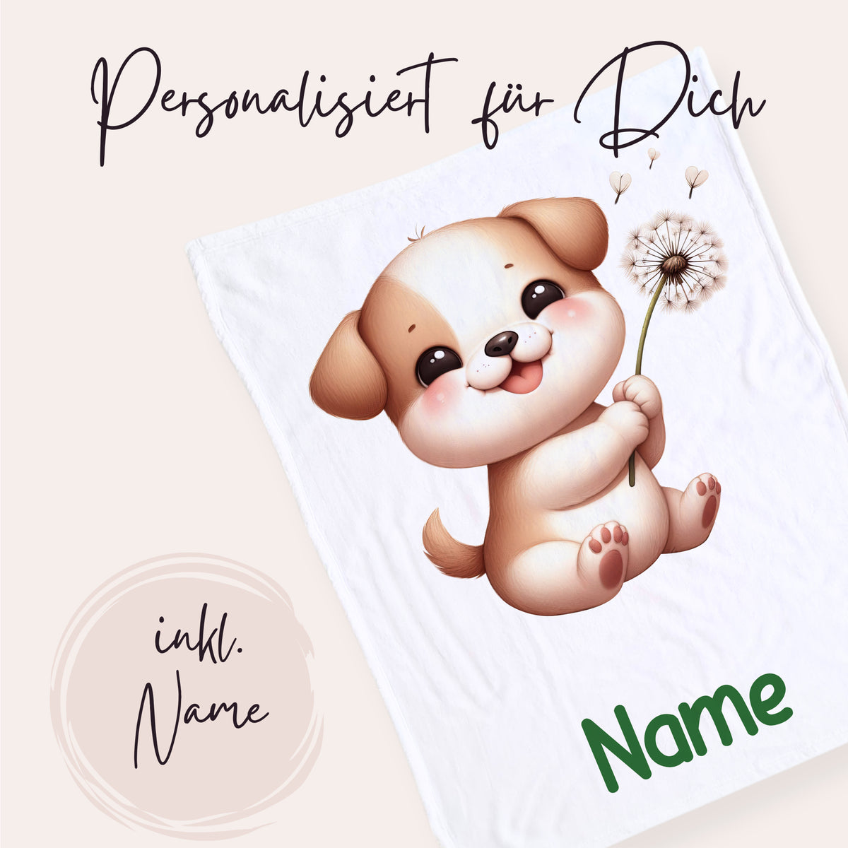 Personalisierbares Handtuch mit süßem Welpenmotiv.