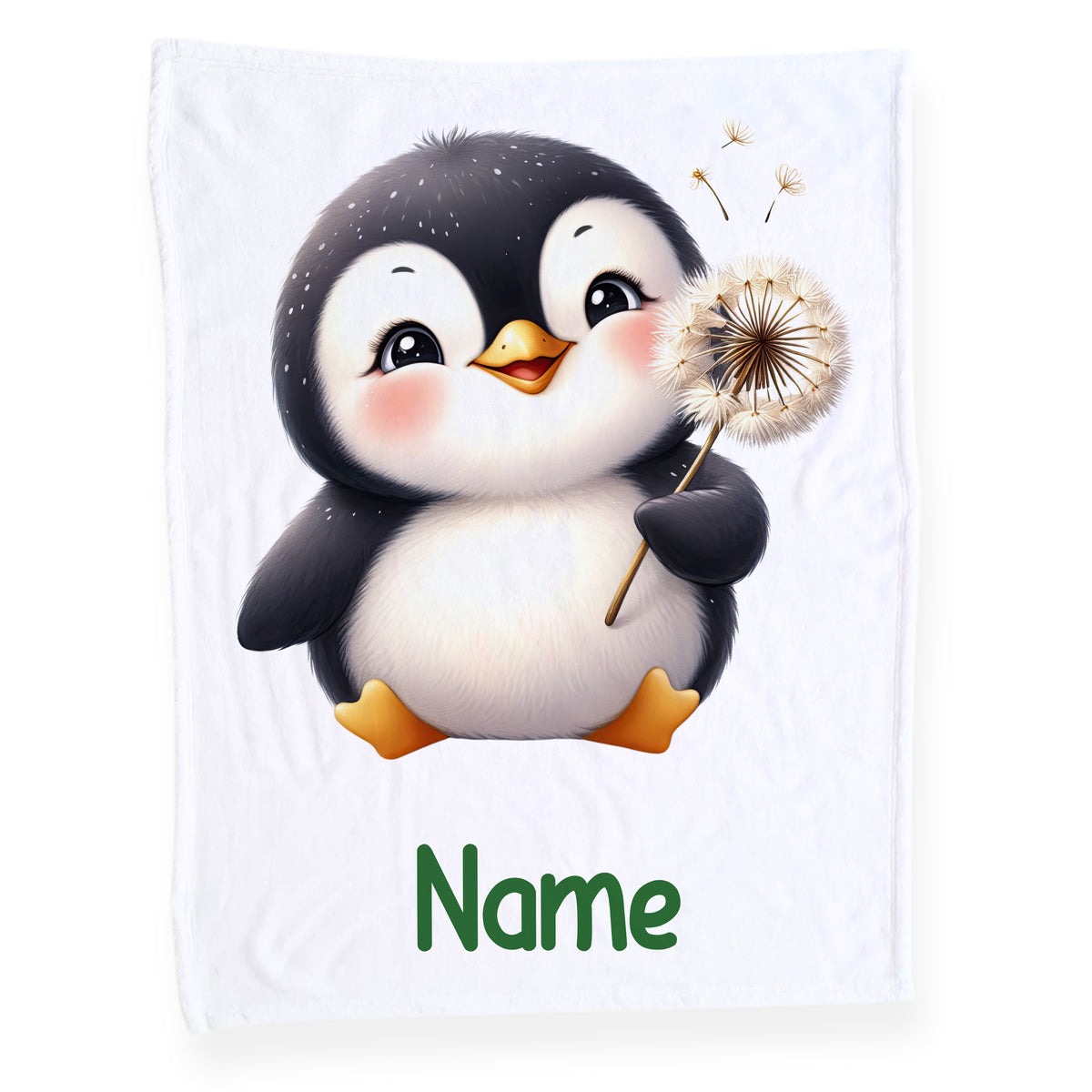 Kuscheldecke mit niedlichem Pinguin und Löwenzahn, weiß.