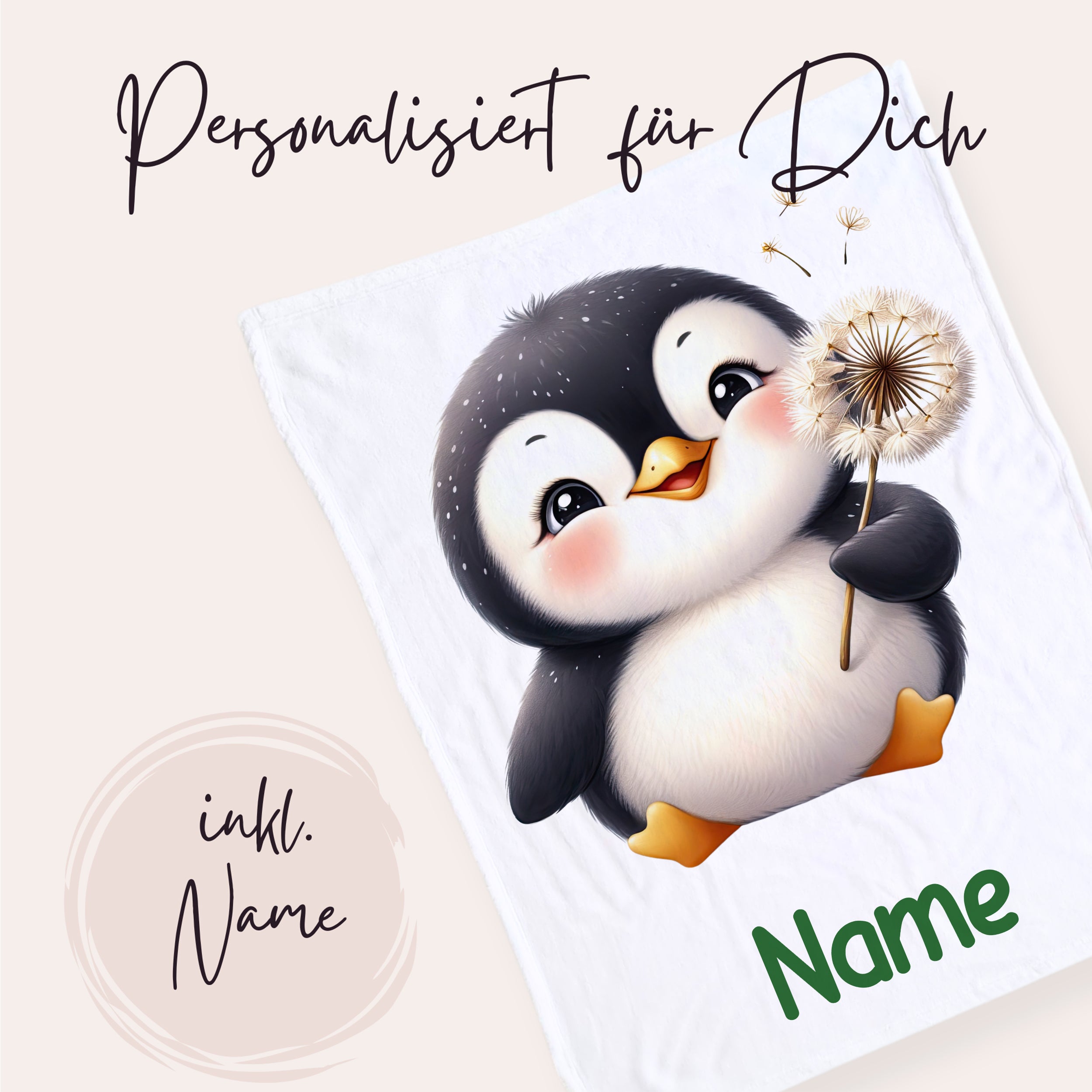 Personalisierte Decke mit niedlichem Pinguin-Design.