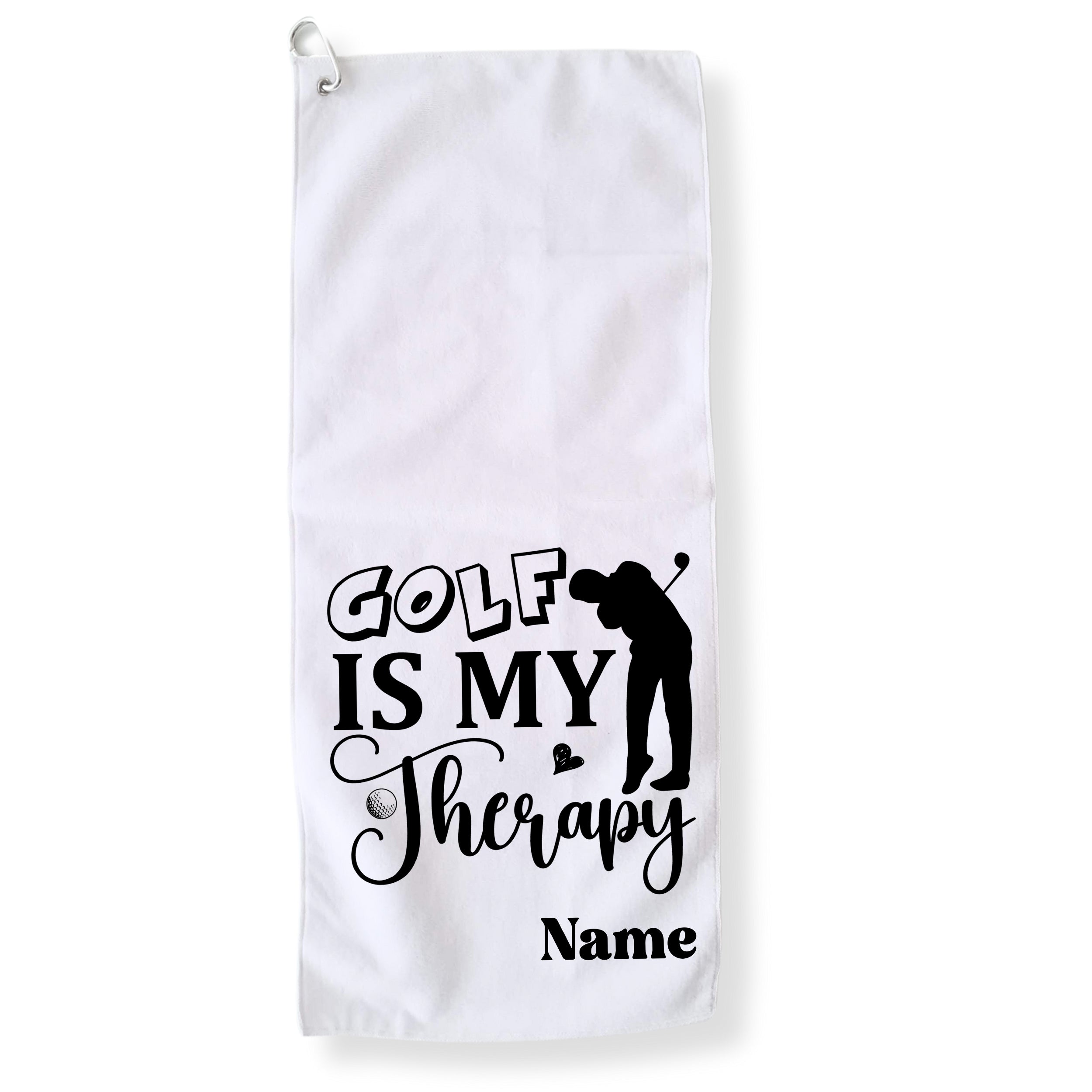 Weißes Golfhandtuch mit schwarzem Aufdruck "Golf is my Therapy".