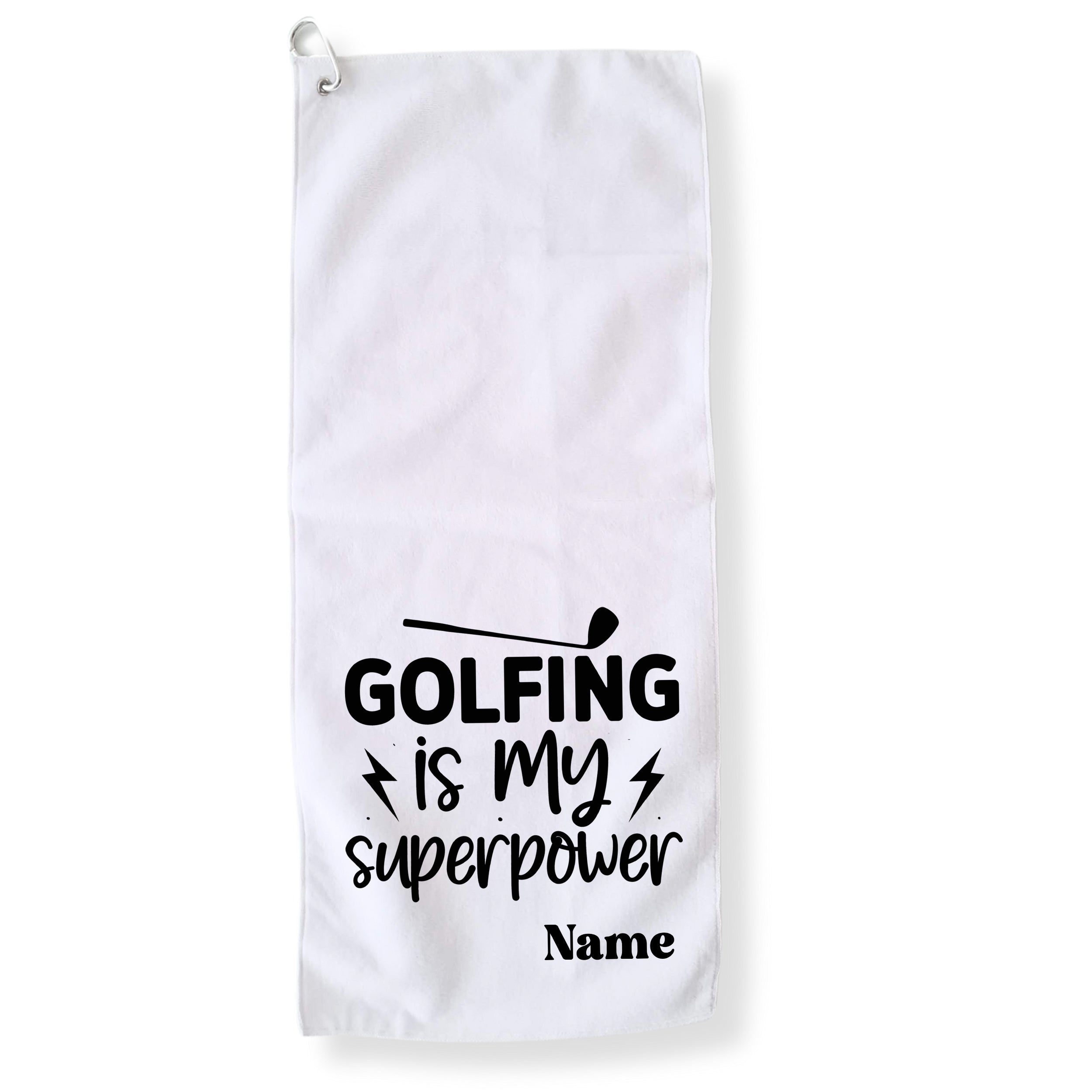 Weißes Golfhandtuch mit schwarzem Aufdruck "GOLFING is my superpower".