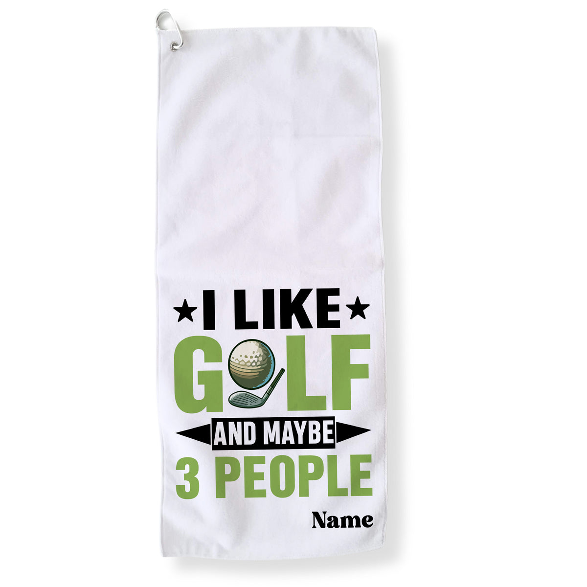 Golf-Handtuch in Weiß mit grünem und schwarzem Druck.