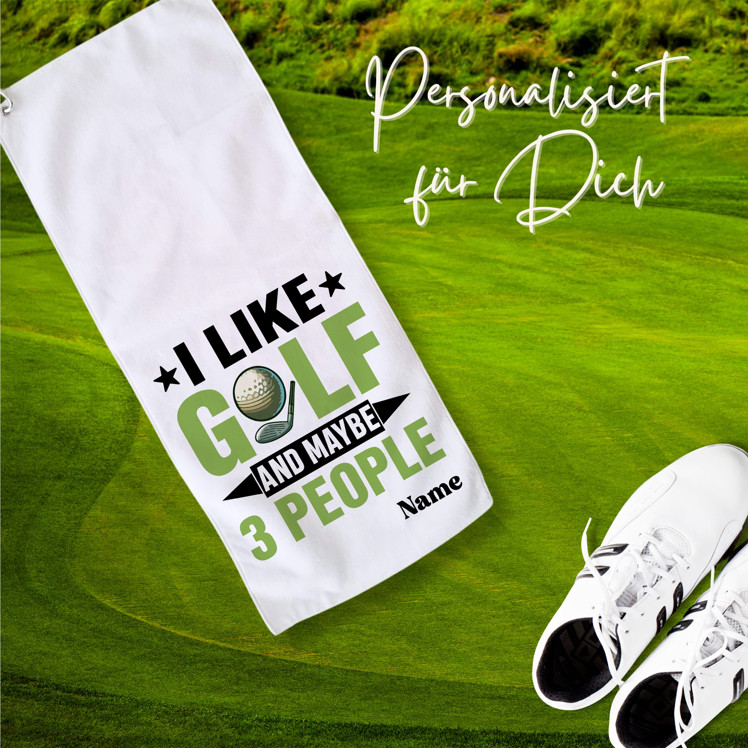 Golf-Handtuch in Weiß mit personalisiertem Text und Grafik.