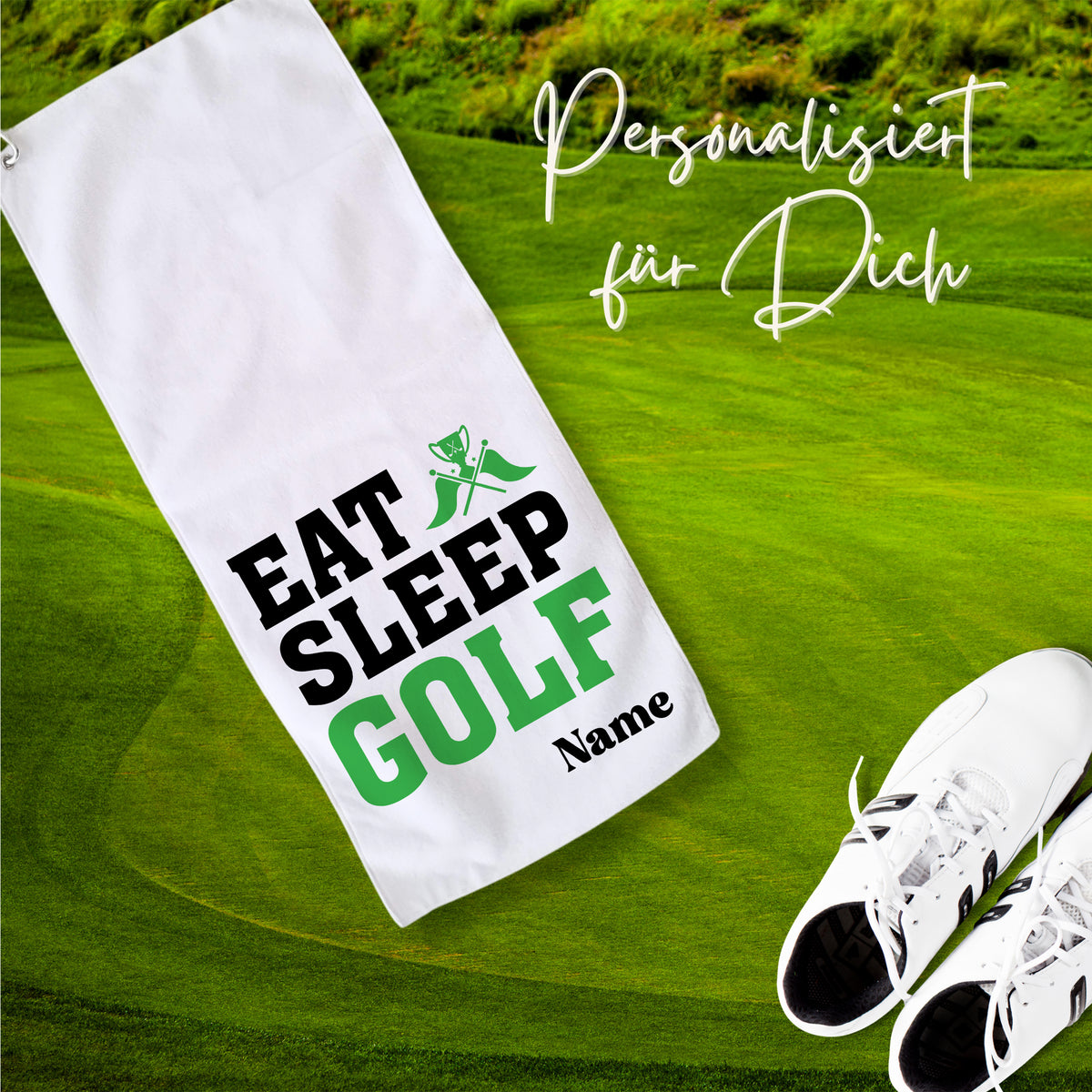 Weißes Golfhandtuch mit "EAT SLEEP GOLF" und personalisierbarem Namen.