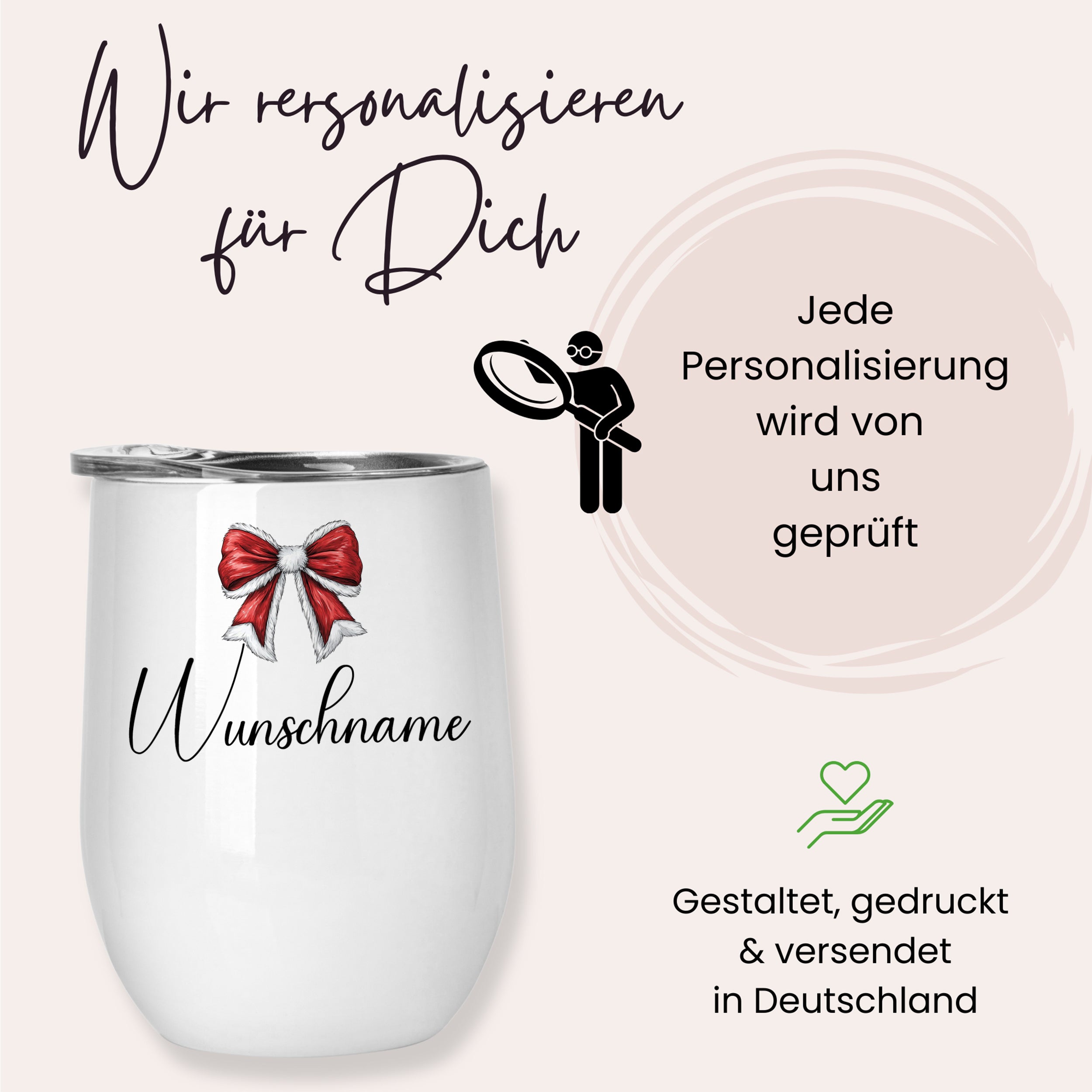 Weißer personalisierter Becher mit rotem Schleifenmotiv und Wunschname.