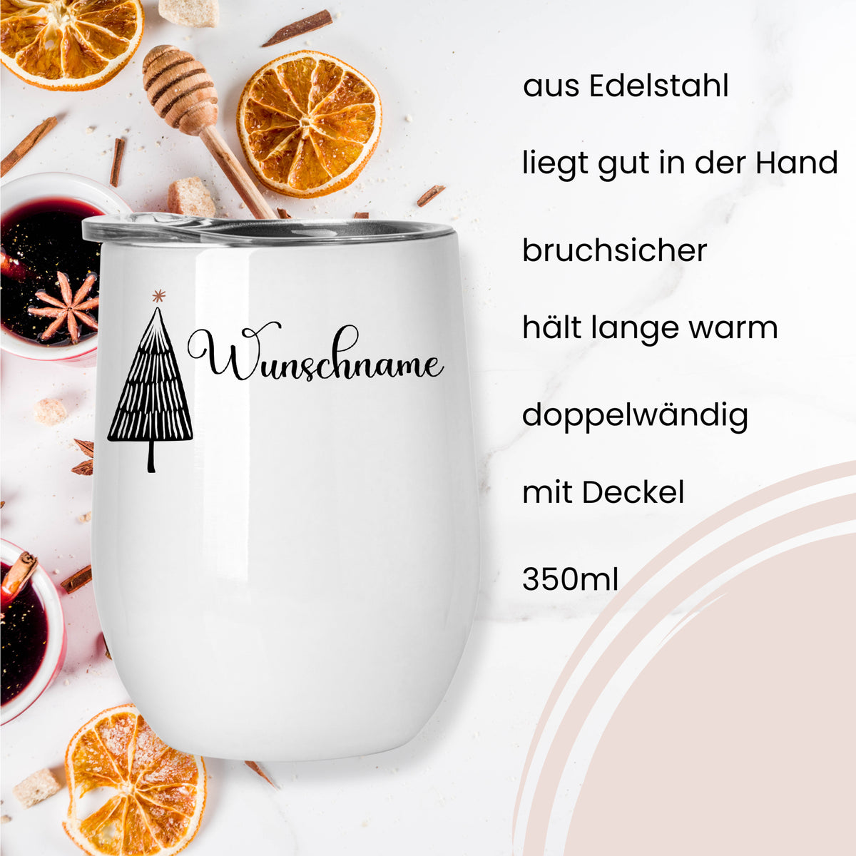Weißer Edelstahlbecher mit Deckel, 350ml, personalisierbar.