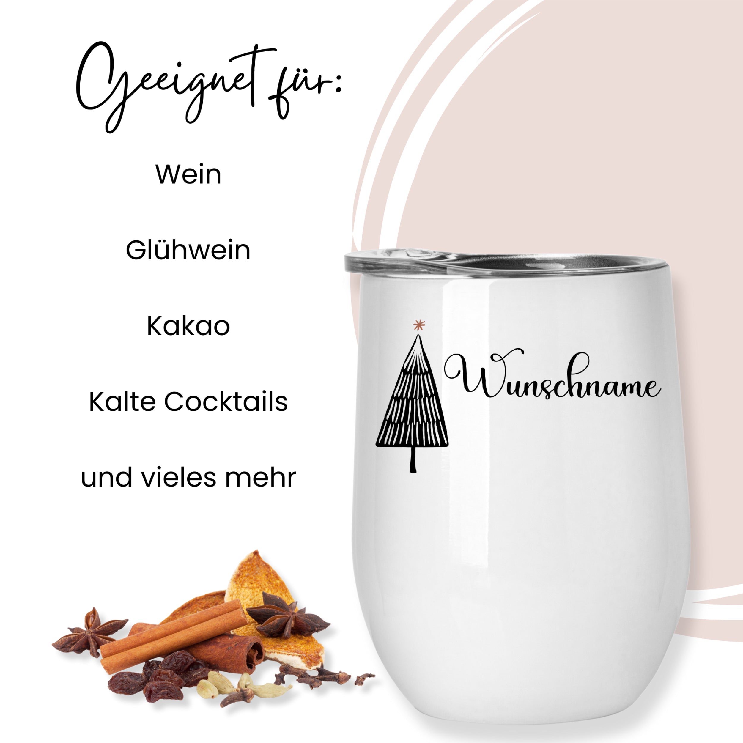 Weiße Tasse mit Weihnachtsbaum und Wunschname.