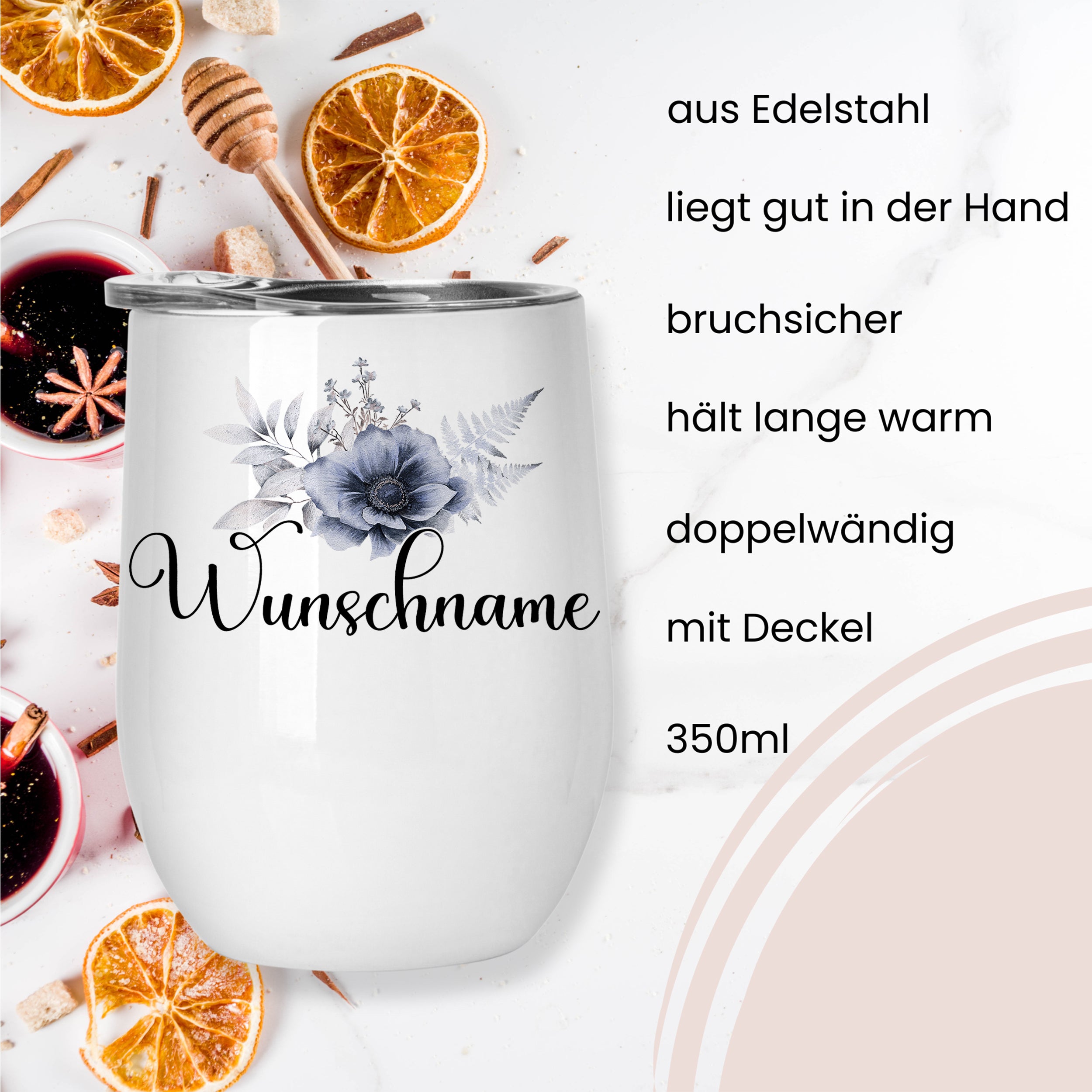 Edelstahlbecher mit Deckel, doppelwandig, 350ml, personalisierbar.