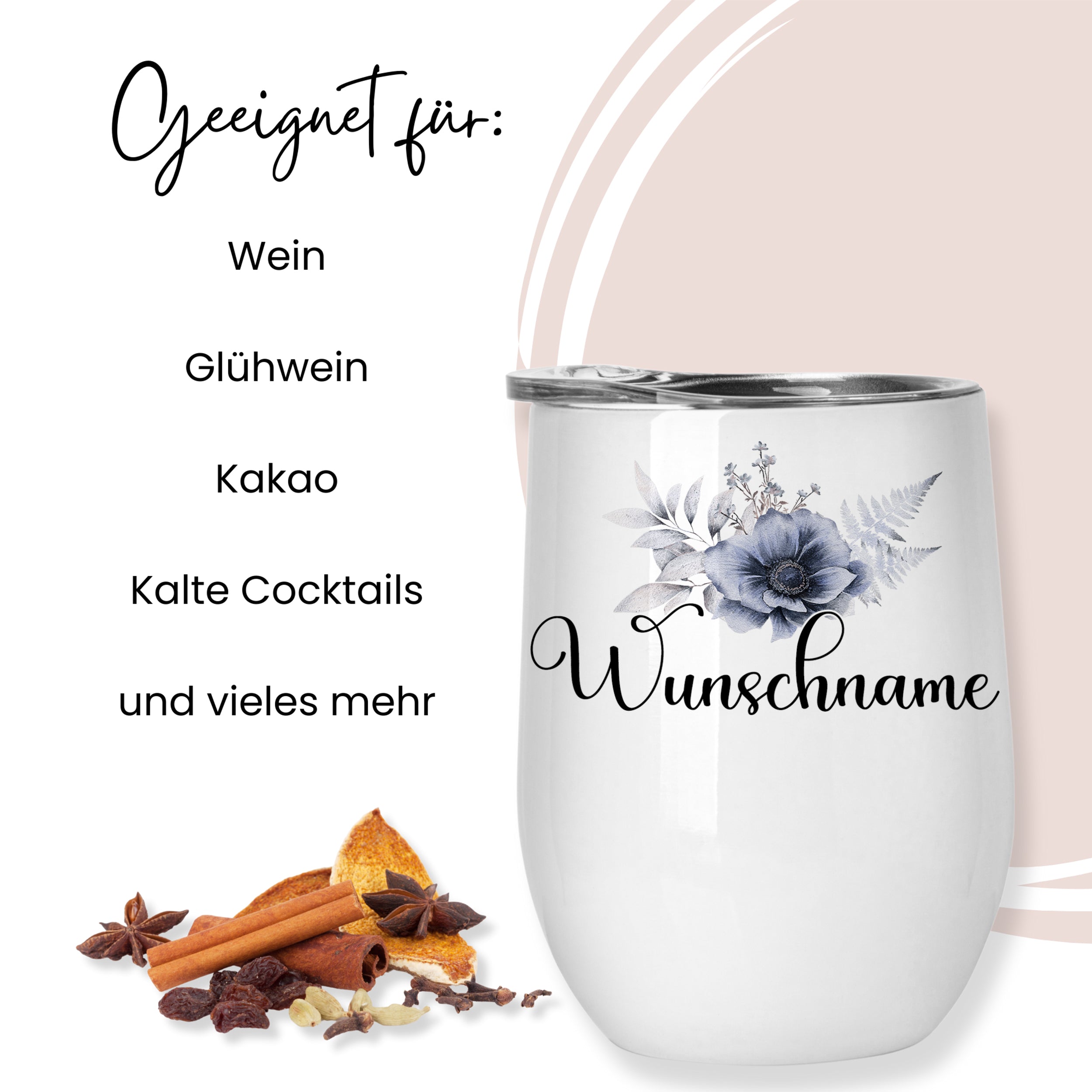 Weißer Becher mit floralem Design und Wunschname.