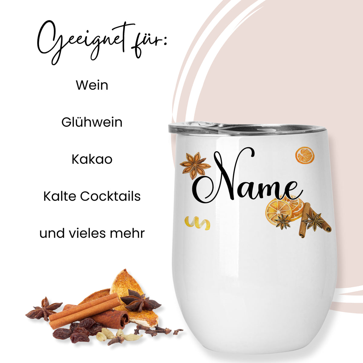 Weißer Becher mit personalisierbarem Namen und Gewürzen.