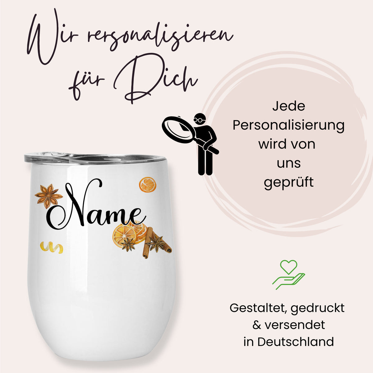 Personalisierbarer, weißer Becher mit Dekoration und Name.