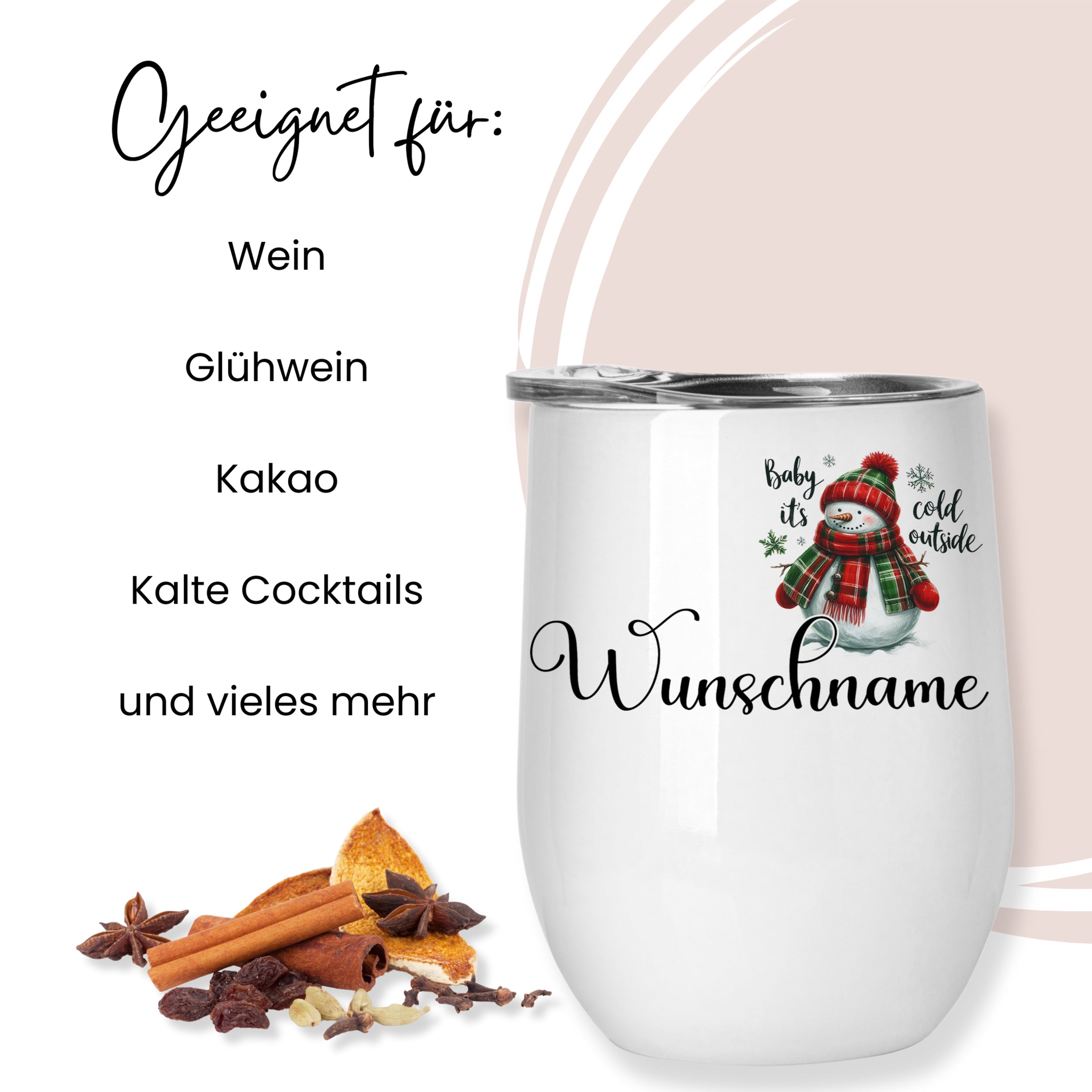 Weißer Becher mit Schneemann-Motiv und personalisierbarem Namen.