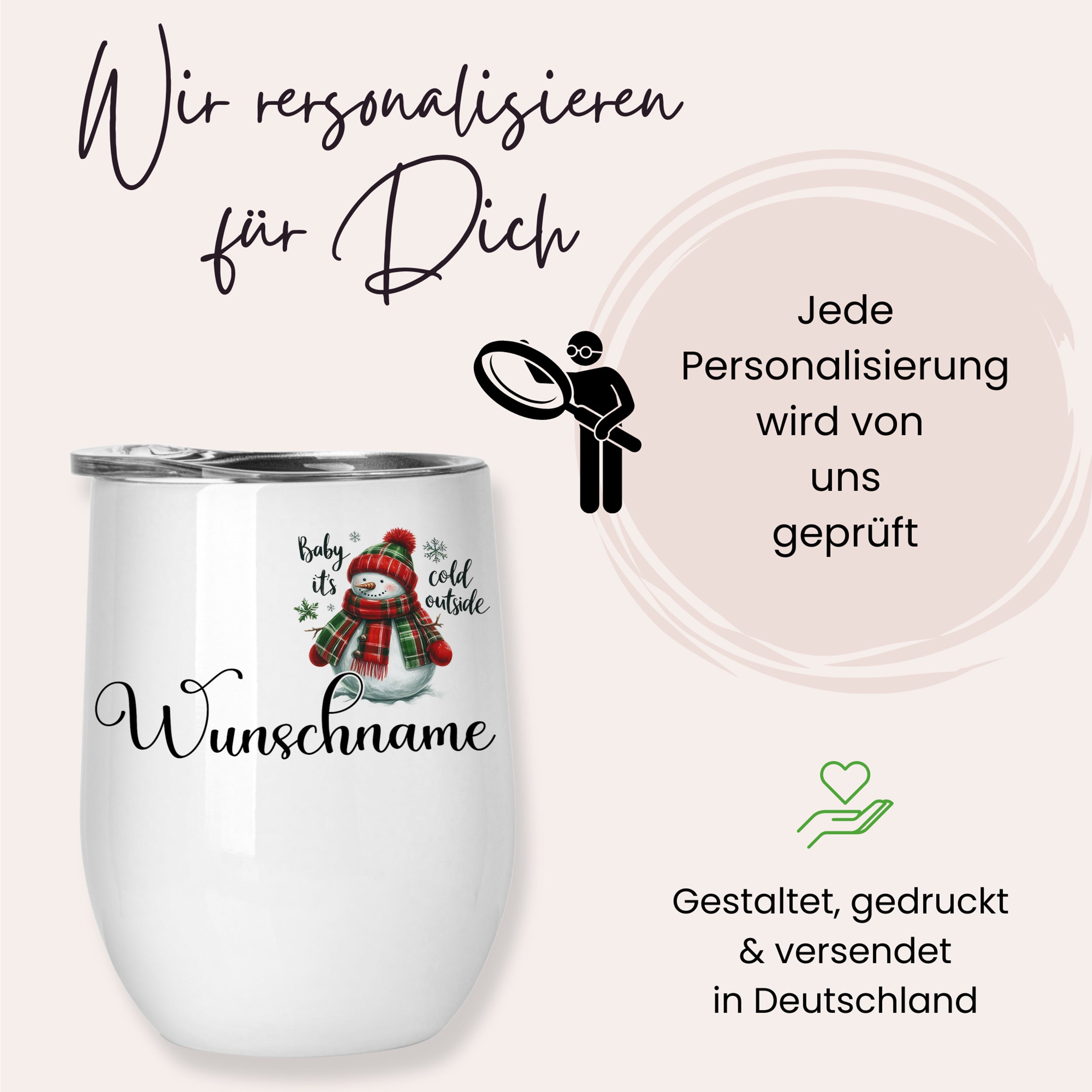 Weißer Becher mit Schneemann und Wunschname.