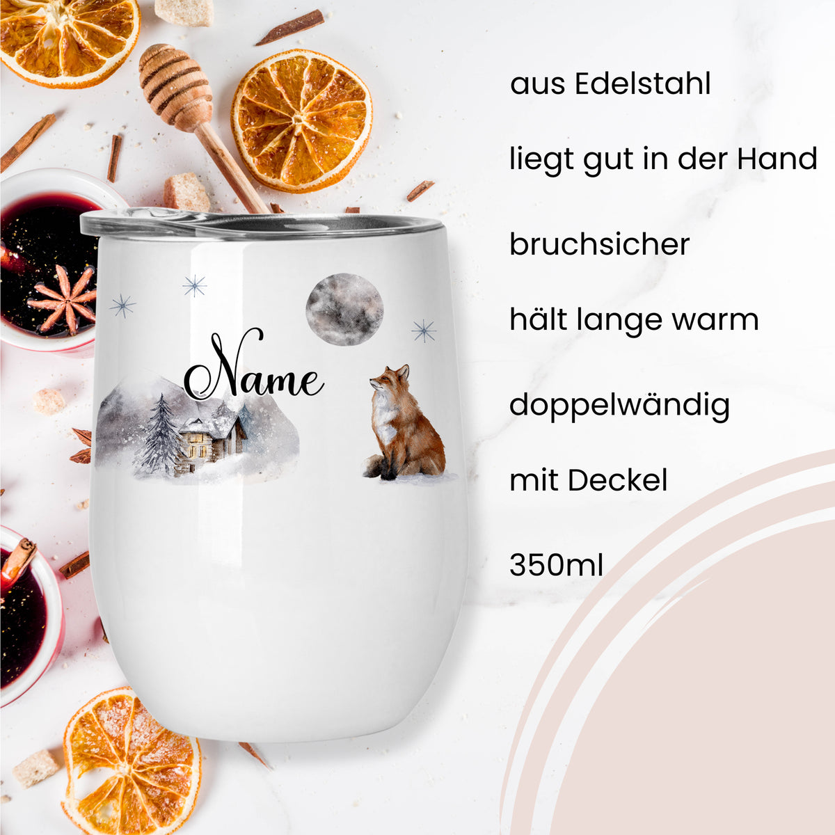 Edelstahlbecher mit Fuchs-Motiv, doppelwandig, 350ml.