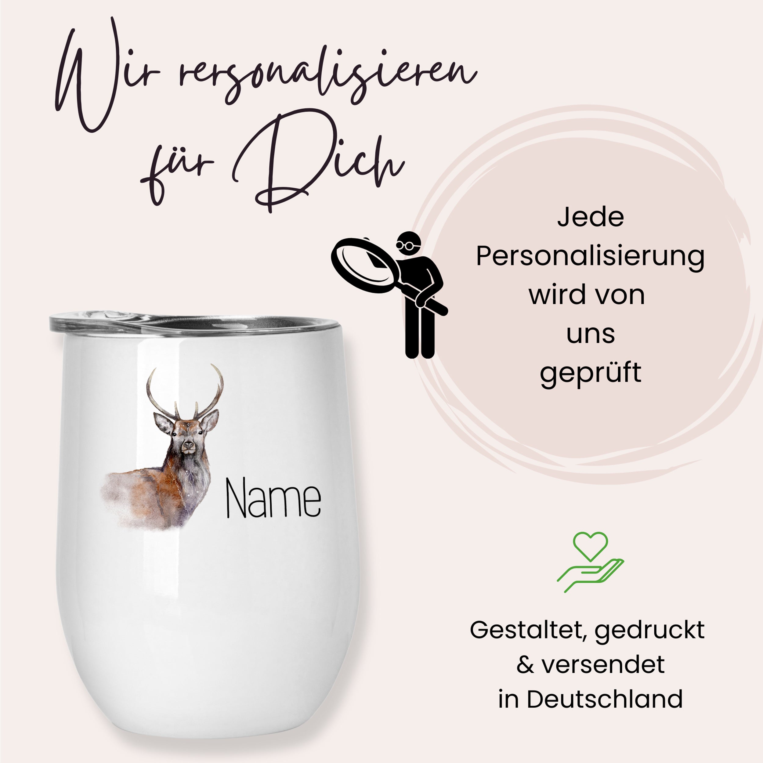 Personalisierbarer weißer Becher mit Hirschmotiv und Platz für Namen.