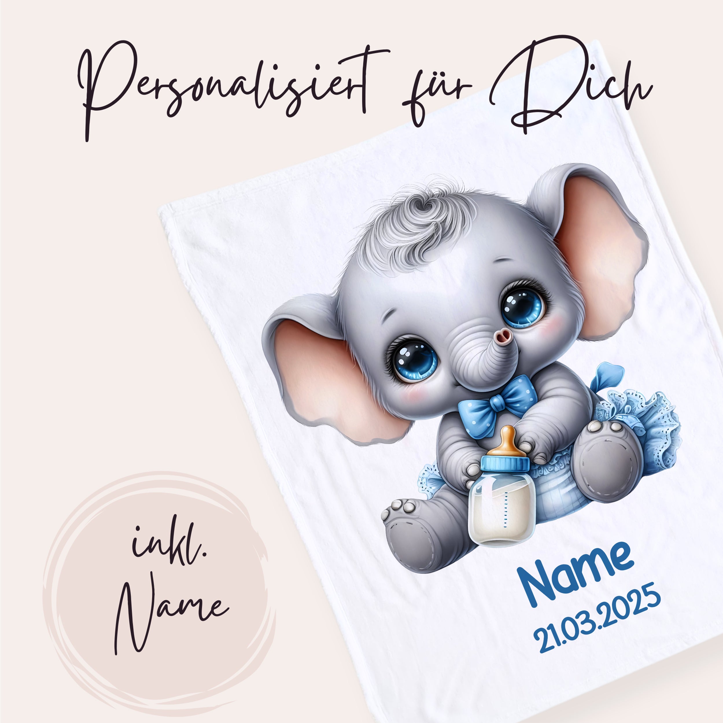 Personalisierte Babydecke mit grauem Elefantenmotiv.