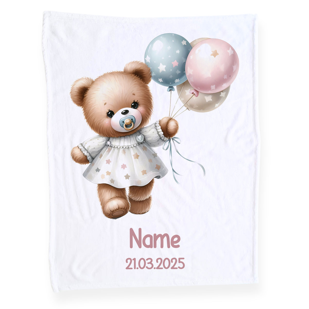 Kuscheldecke mit Bären, Luftballons und personalisiertem Namen.