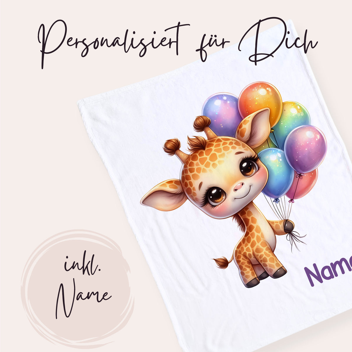 Giraffe mit bunten Ballons, personalisiert mit Namen.