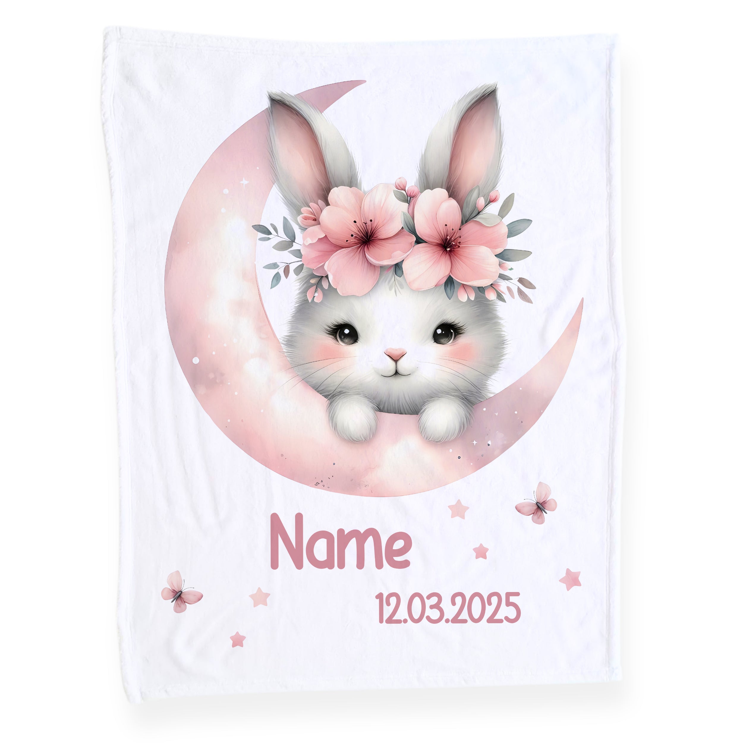 Kuscheldecke mit niedlichem Hasen, rosa Mond und Blumen.