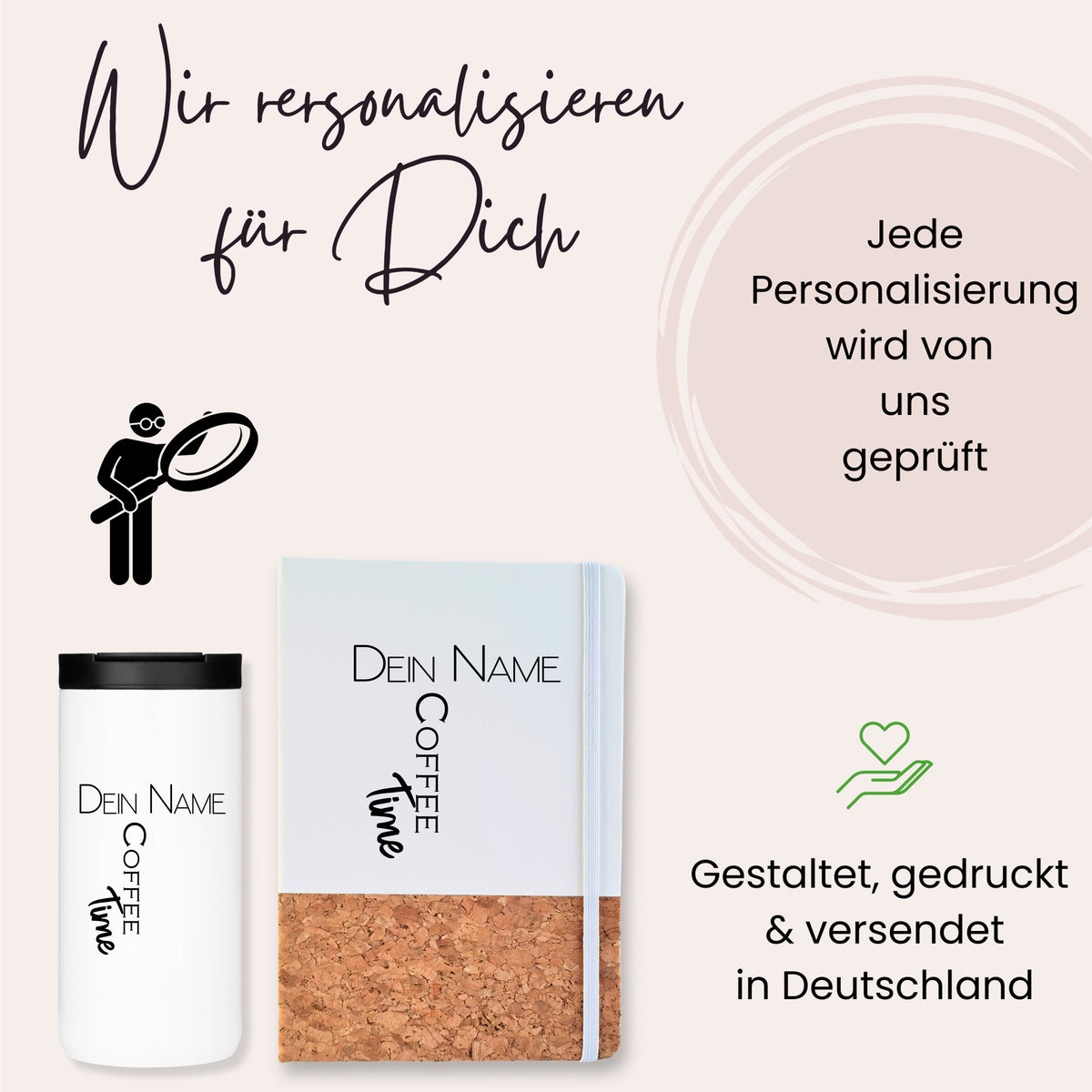 Personalisierbarer Kaffeebecher und Notizbuch in Weiß und Kork.