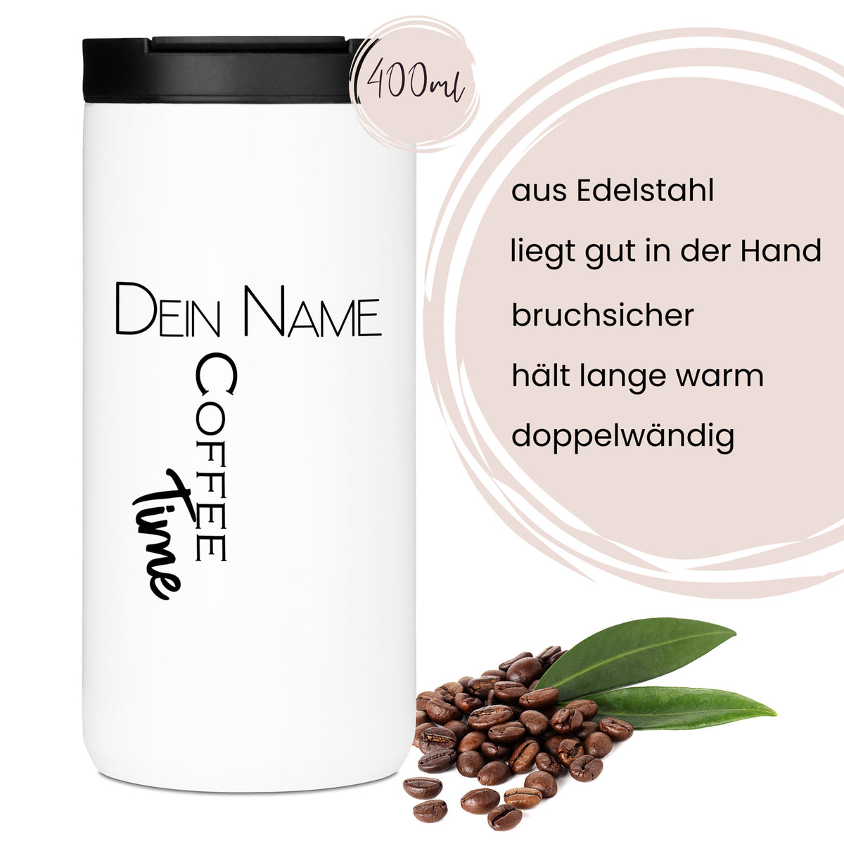 Edelstahl Kaffeebecher, weiß, 400ml, bruchsicher, doppelwandig.
