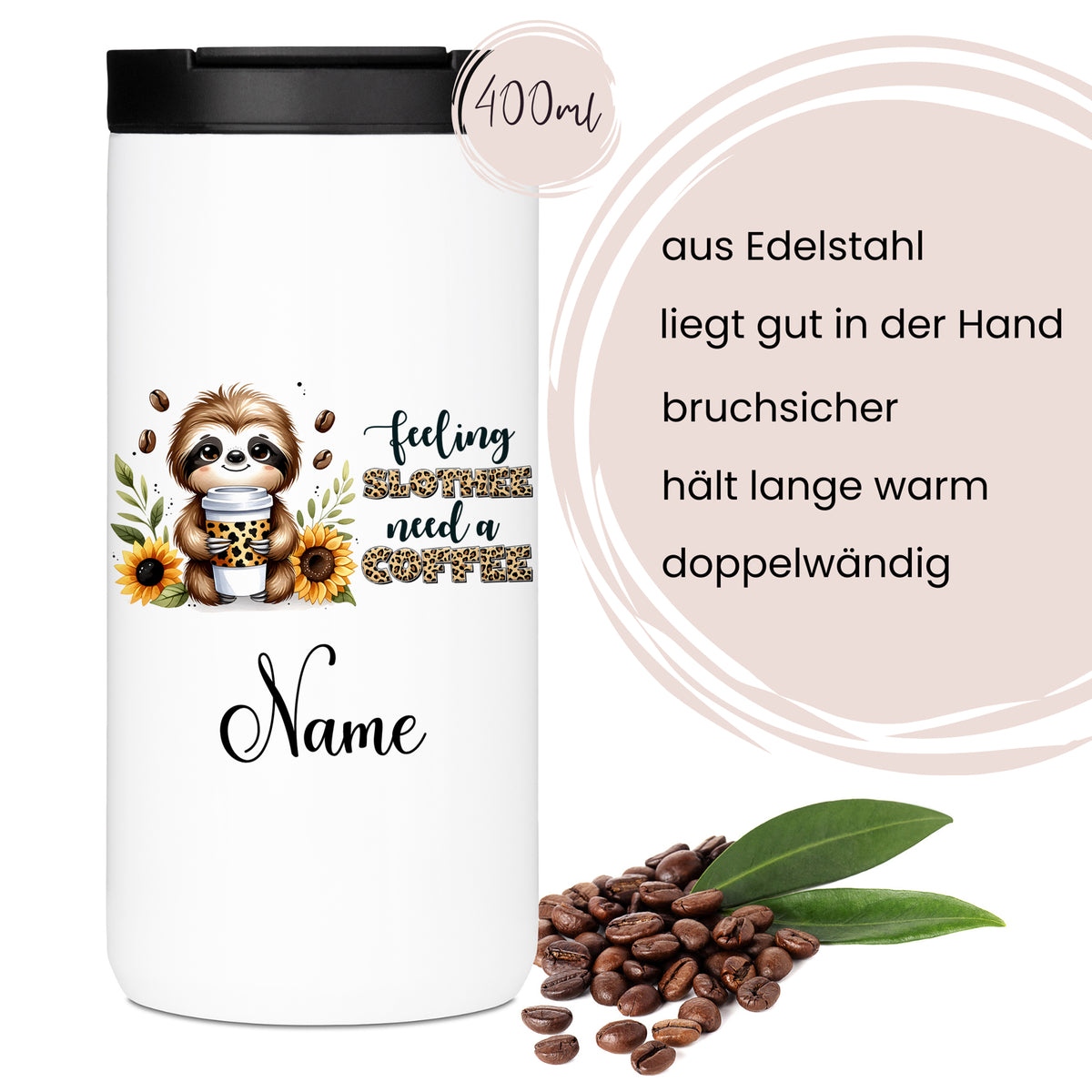 Edelstahlbecher mit Faultier-Motiv, 400ml, bruchsicher, doppelwandig.