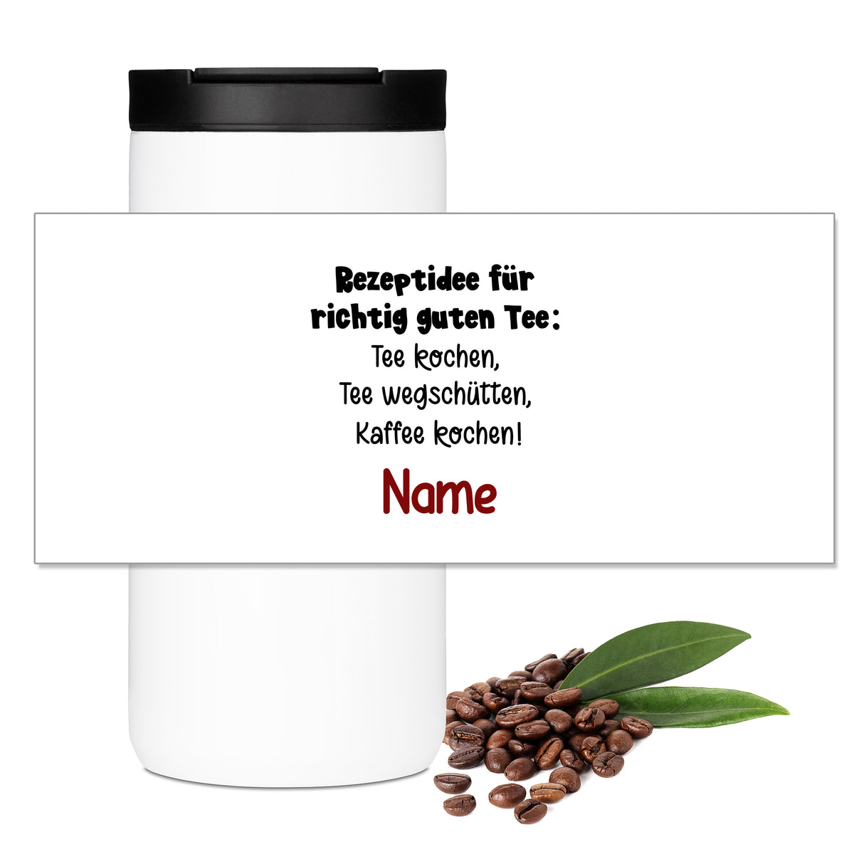Weißer Becher mit Rezeptidee für Tee und Kaffee.