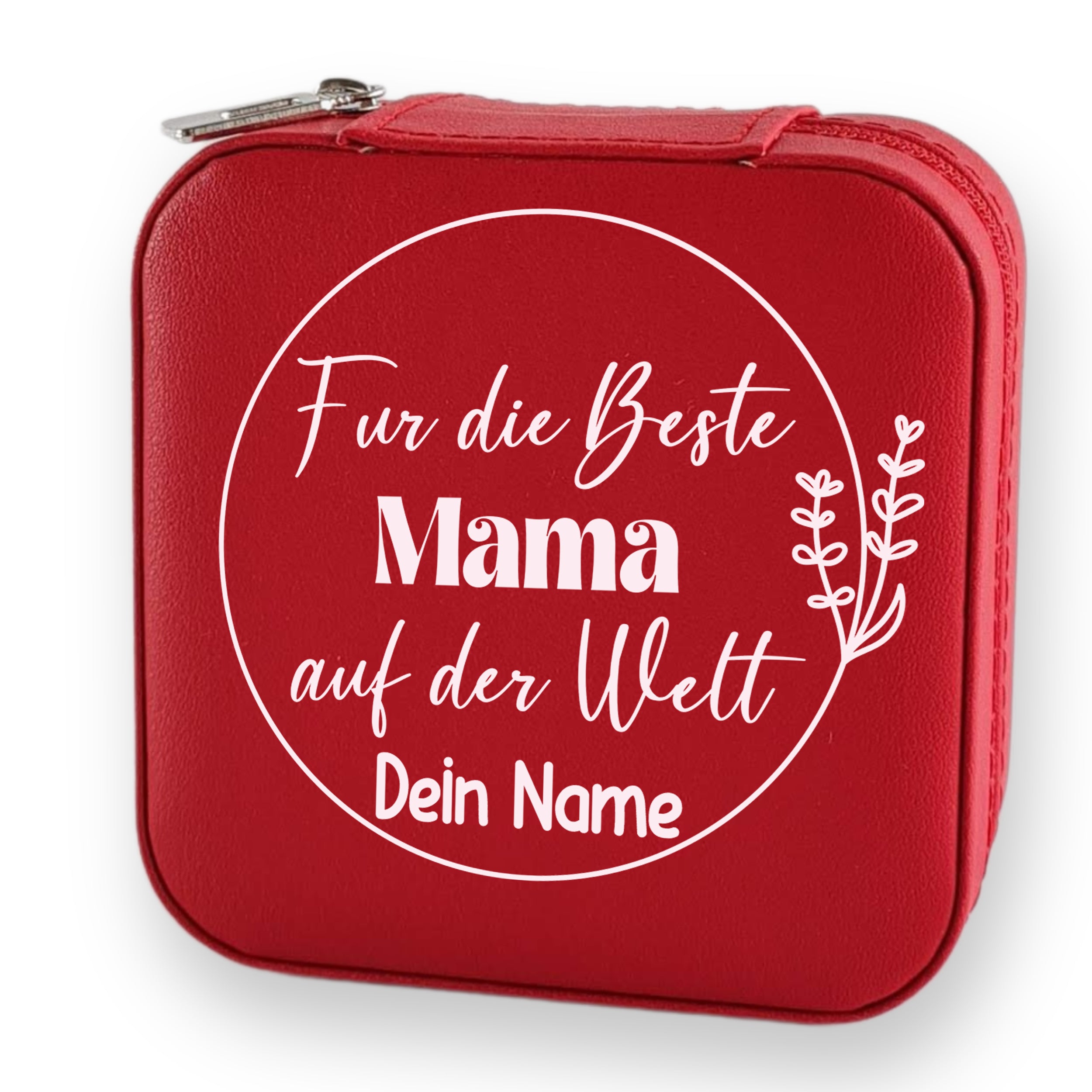Rote Tasche mit Aufschrift „Für die beste Mama“ und personalisierbarem Namen.