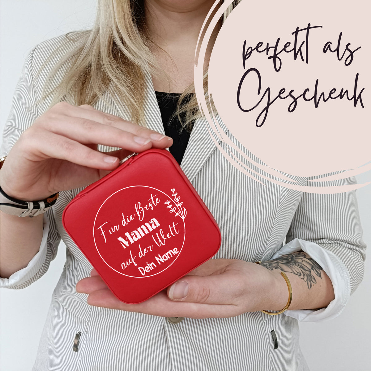Rote Geschenkbox mit Aufschrift für die beste Mama.