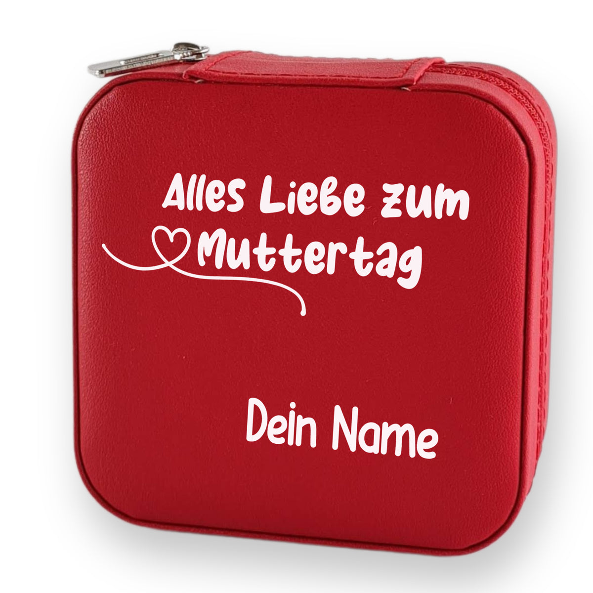 Rotes Etui mit Aufschrift zum Muttertag und personalisierbarem Namen.
