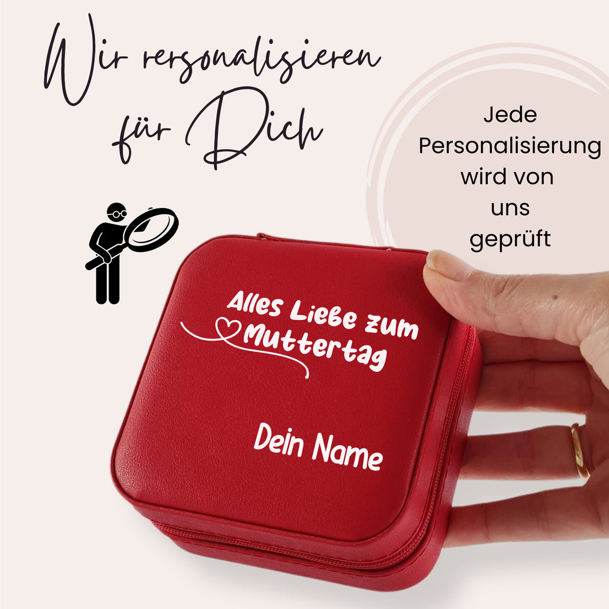 Rote Geschenkbox mit personalisierter Muttertagsbotschaft.