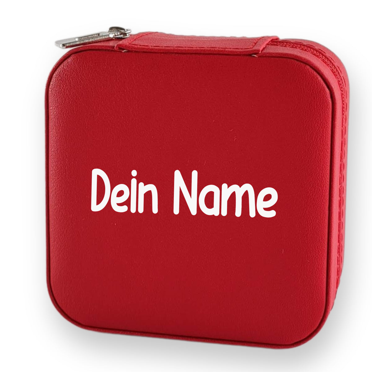 Rote Tasche mit personalisiertem Namen in Weiß.