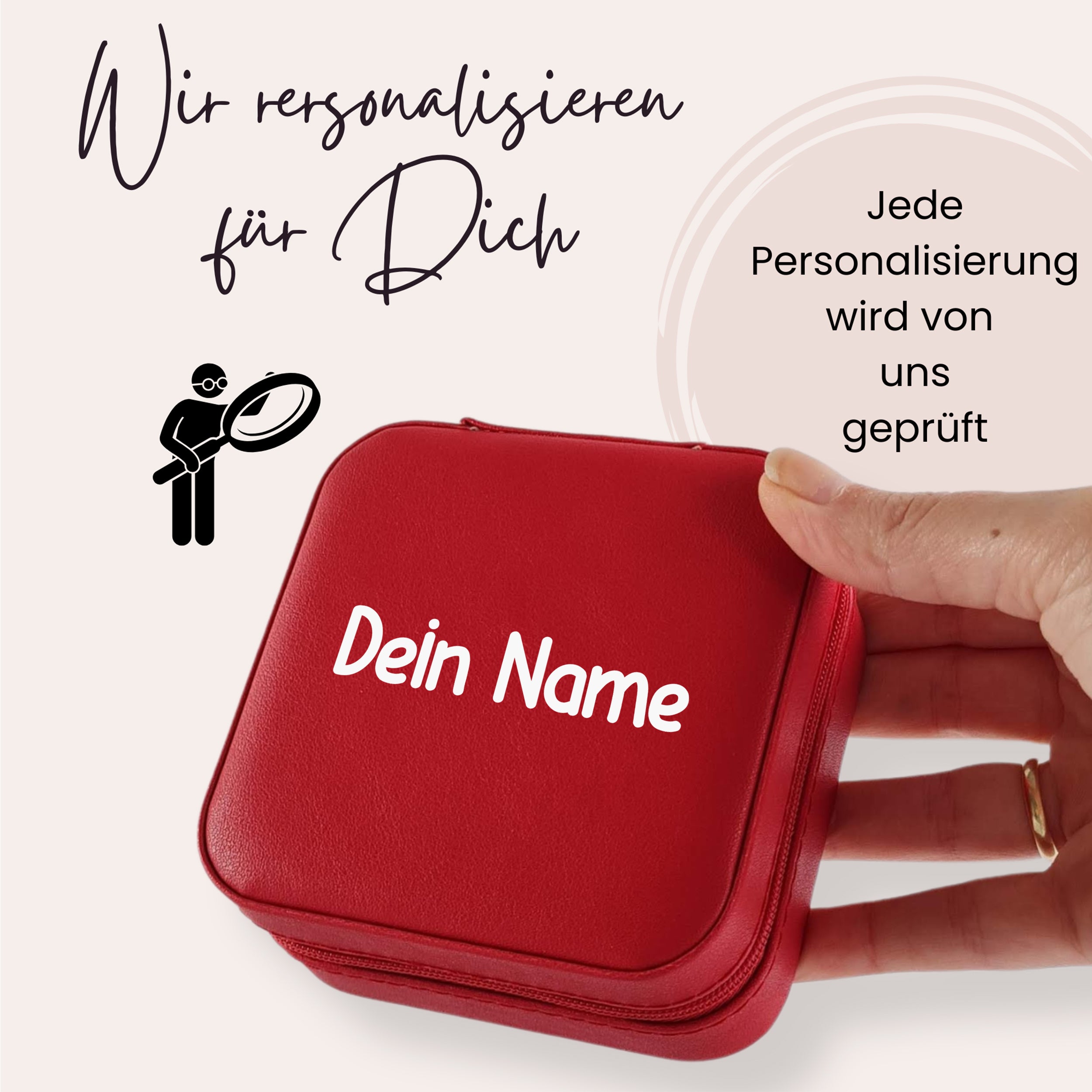 Rote personalisierte Aufbewahrungsbox mit Namen.