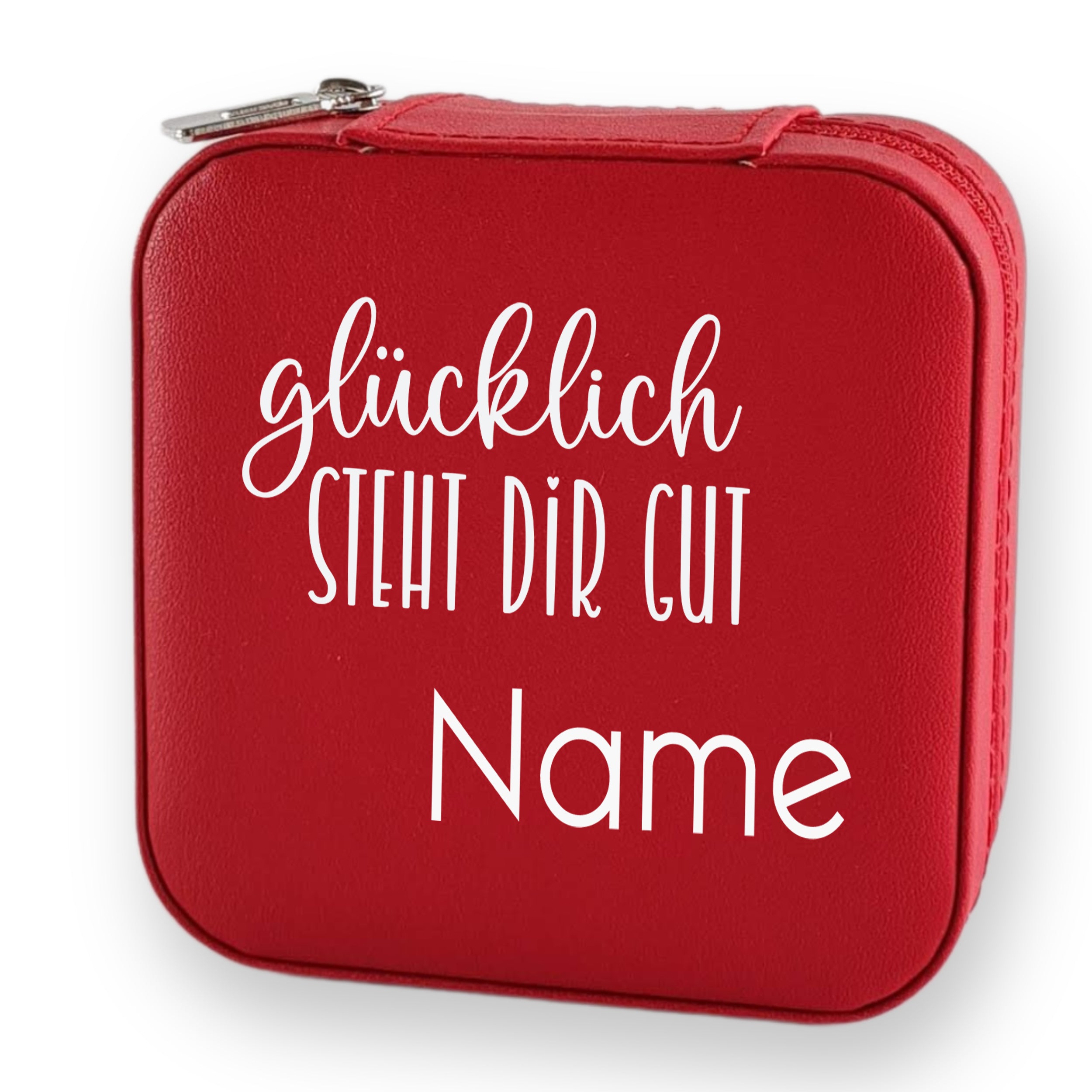 Rote Tasche mit dem Text "glücklich steht dir gut" und "Name".